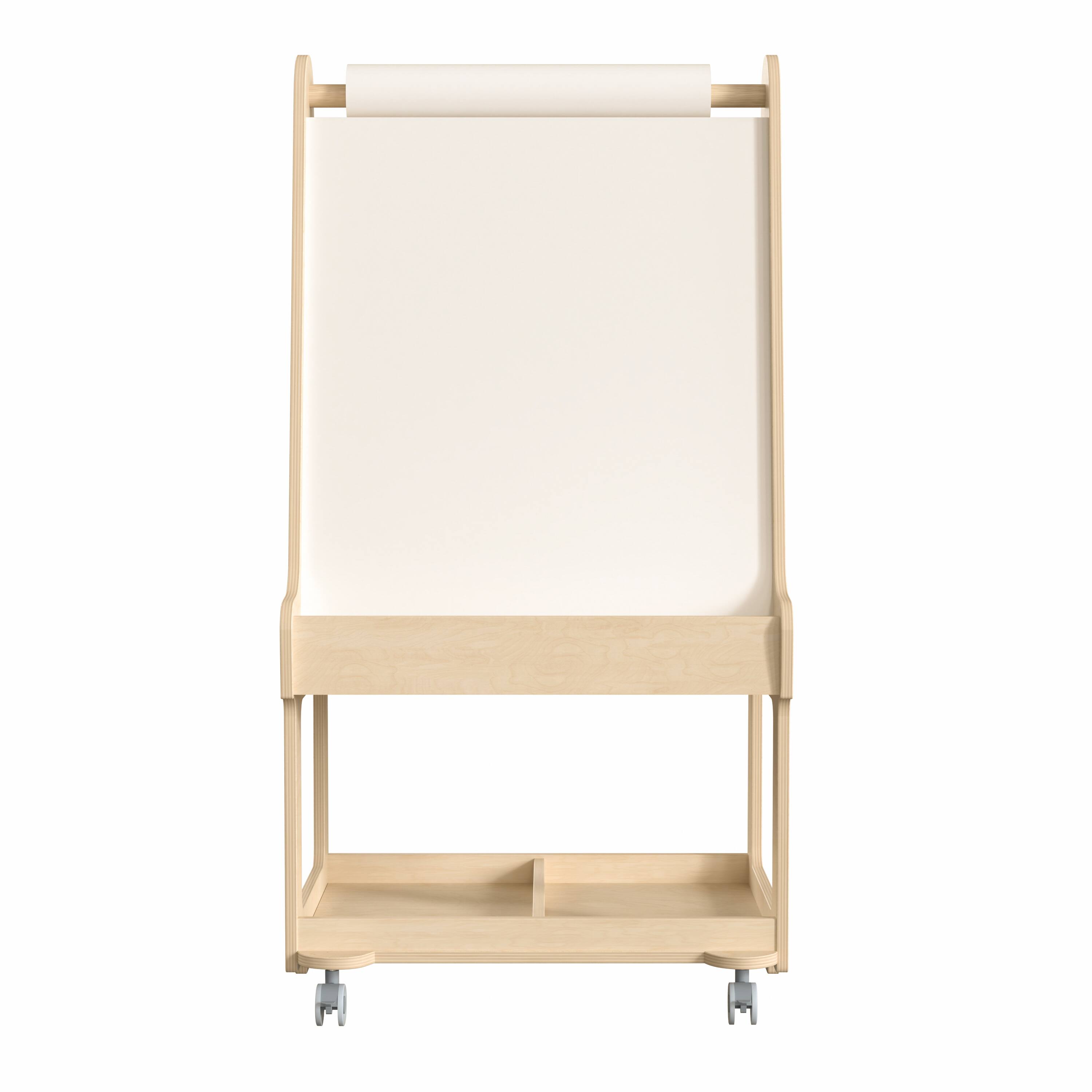 Angle. Flash Furniture - Bright Beginnings Commercial Wooden Mobile Dual Sided 2 Person Art Station with Locking Caster Wheels and Bottom Shelf S - Natural.