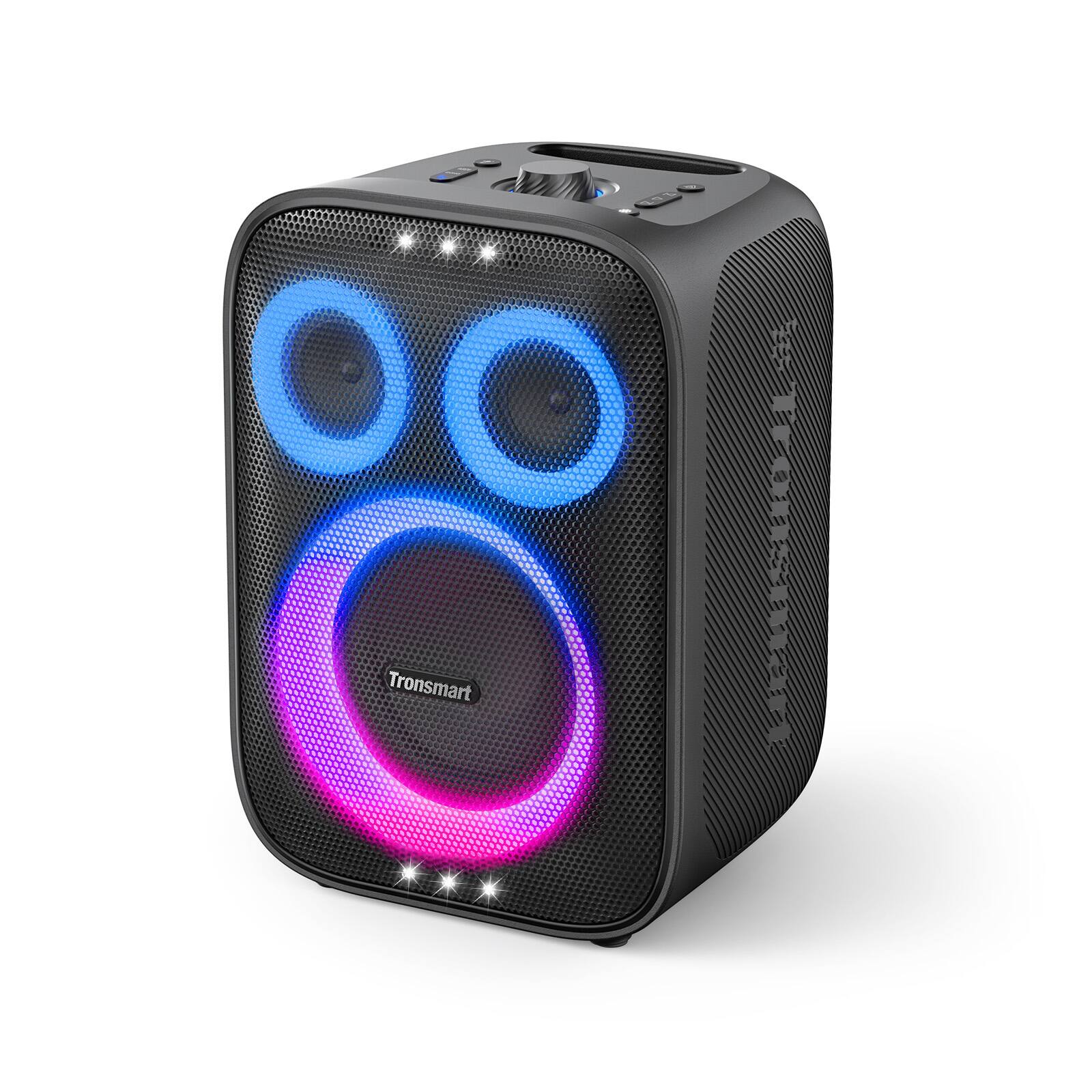 Angle. Tronsmart - Halo 210 Portable Wireless AI Karaoke Party Speaker, 140W Powerful Sound & Deep Bass, RGB Lights, AI Vocal Removal, 18H - Black-2 Wireless Microphones.