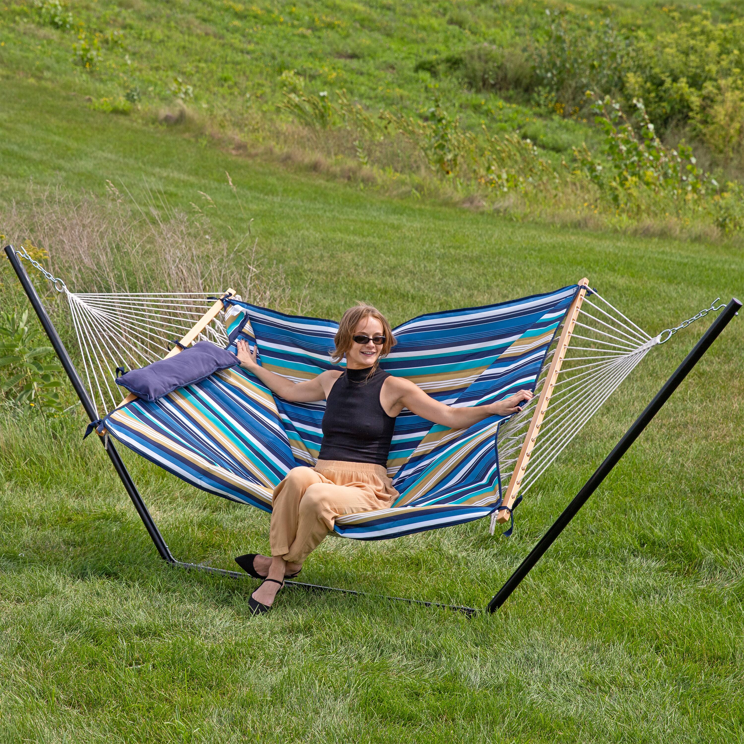Alt View 9. Sunnydaze - 2-Person Rope Hammock with Steel Stand and Pad/Pillow - Lakeview.