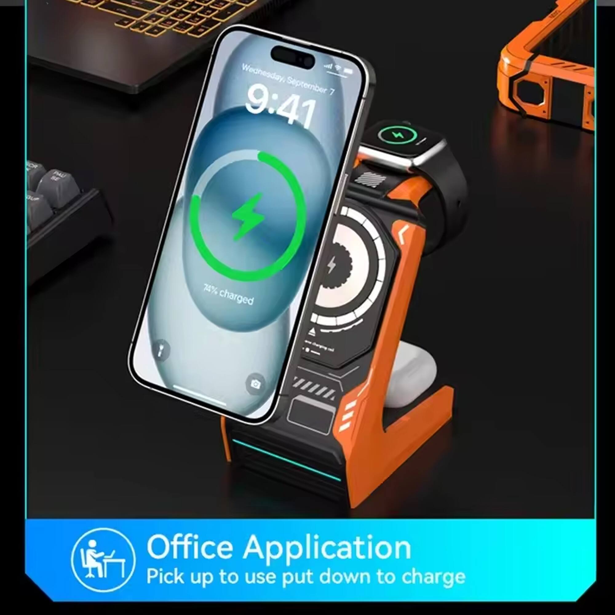 Wednesday, September 7  
9:41  
74% charged  

Office Application  
Pick up to use put down to charge