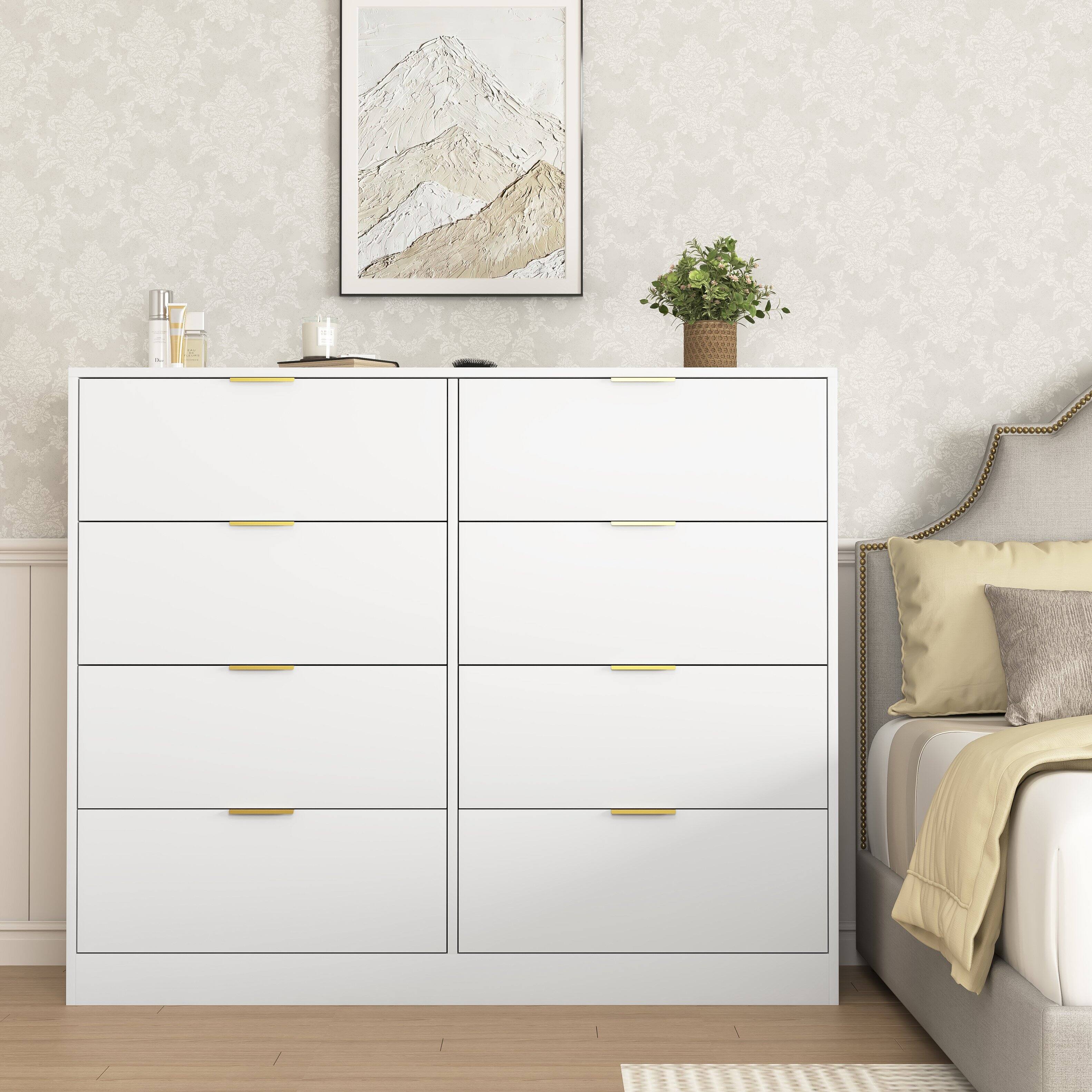 Angle. Z-Edge - 8 Drawer Dresser for Bedroom, Modern Chest of Drawers, Wood Storage Double Dresser with Deep Drawers for Living Room - White.