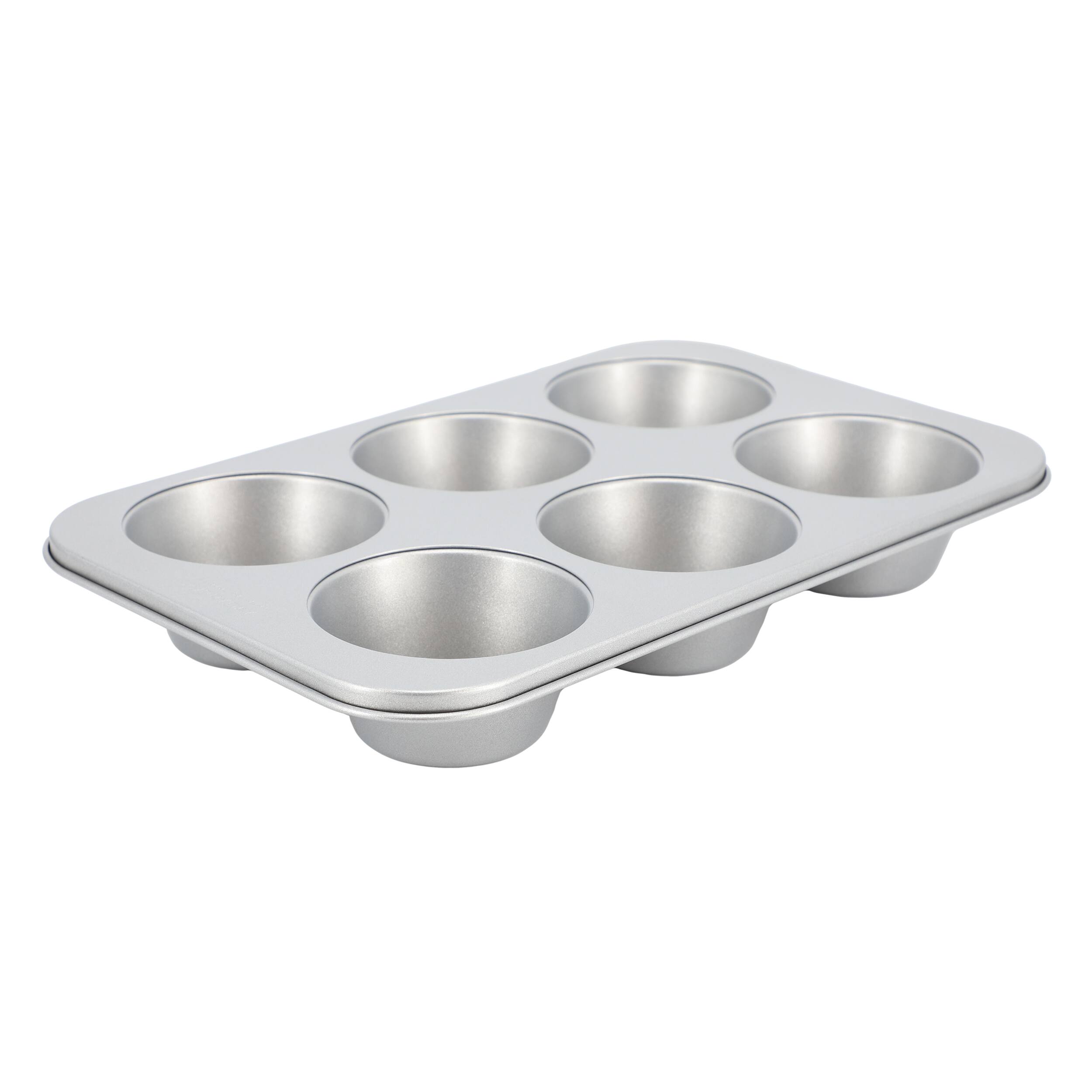 Front. Martha Stewart - Martha Stewart Everyday Bakeaway 6 Cup Nonstick Carbon Steel Muffin Pan in Silver - Silver.