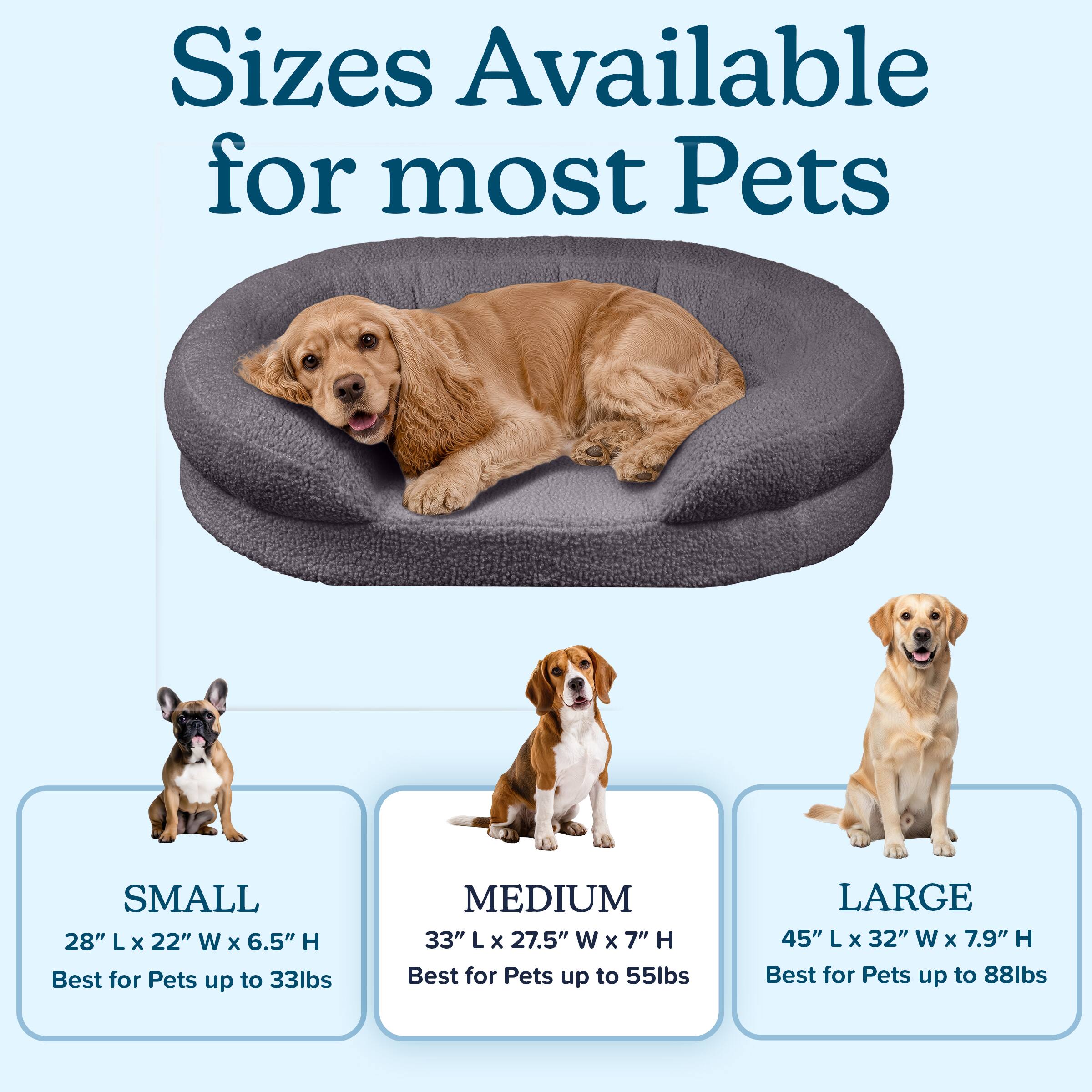 Sizes Available for most Pets

SMALL  
28" L x 22" W x 6.5" H  
Best for Pets up to 33lbs

MEDIUM  
33" L x 27.5" W x 7" H  
Best for Pets up to 55lbs

LARGE  
45" L x 32" W x 7.9" H  
Best for Pets up to 88lbs