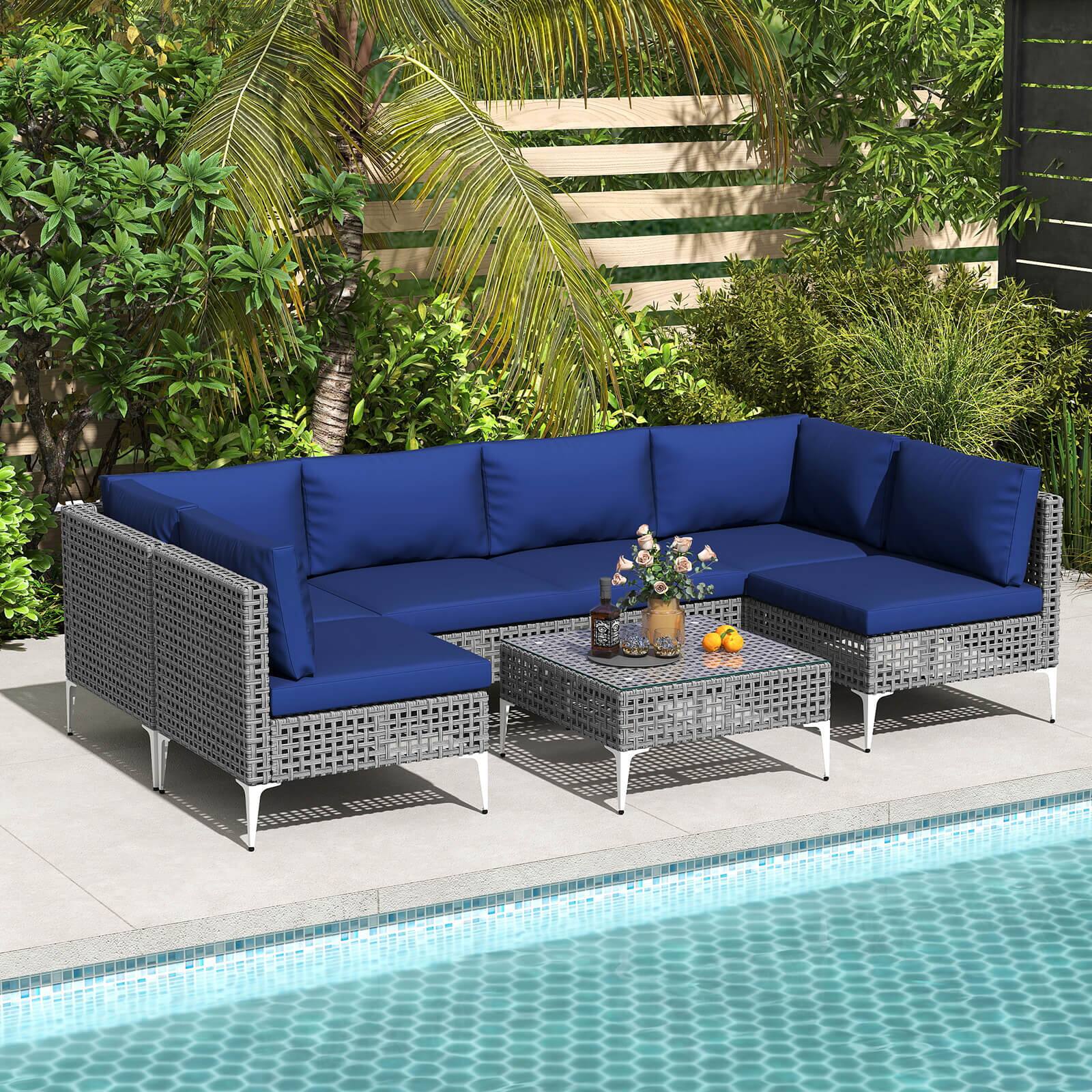 Costway - 7 Piece Outdoor Furniture Set with Seat & Back Cushions Tempered Glass Coffee Table - Navy