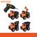 Black+Decker is the brand of the toy vehicles in the image. The toy vehicles include a truck and a car. There are four different toy vehicles in total, with two of them being trucks and two of them being cars.