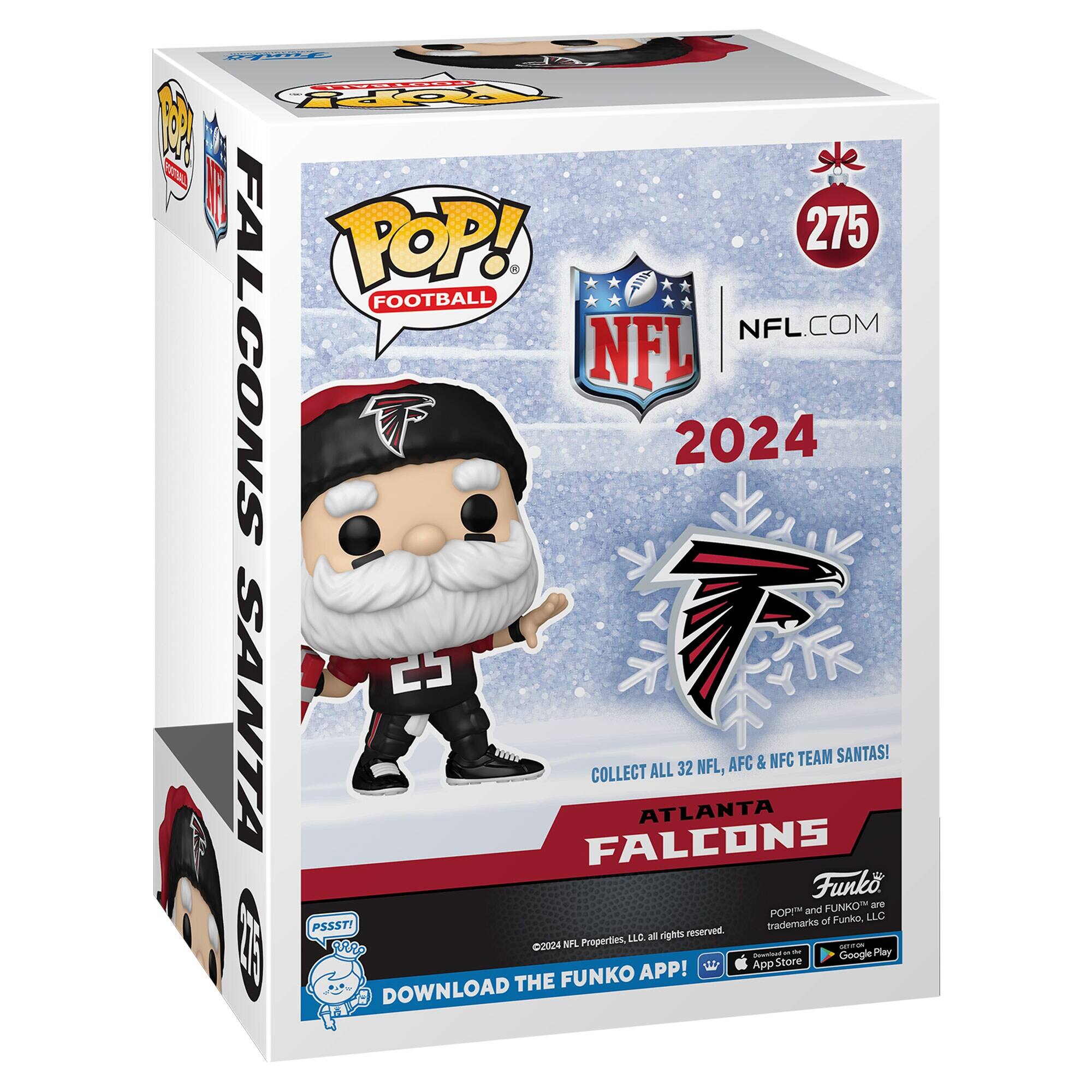 Sure, here is the corrected and grouped text from the image:

---

**Front:**

- POP! FOOTBALL
- NFL.COM
- 2024
- COLLECT ALL 32 NFL, AFC & NFC TEAM SANTAS!
- ATLANTA FALCONS
- Funko
- POP! and FUNKO are trademarks of POP! Properties, LLC and Funko, LLC. ©2024 NFL Properties, LLC. All rights reserved.
- DOWNLOAD THE FUNKO APP!
- App Store
- Google Play

**Side:**

- FALCONS SANTA
- 275

**Top:**

- 275

**Bottom:**

- PSSST!
- DOWNLOAD THE FUNKO APP!

---