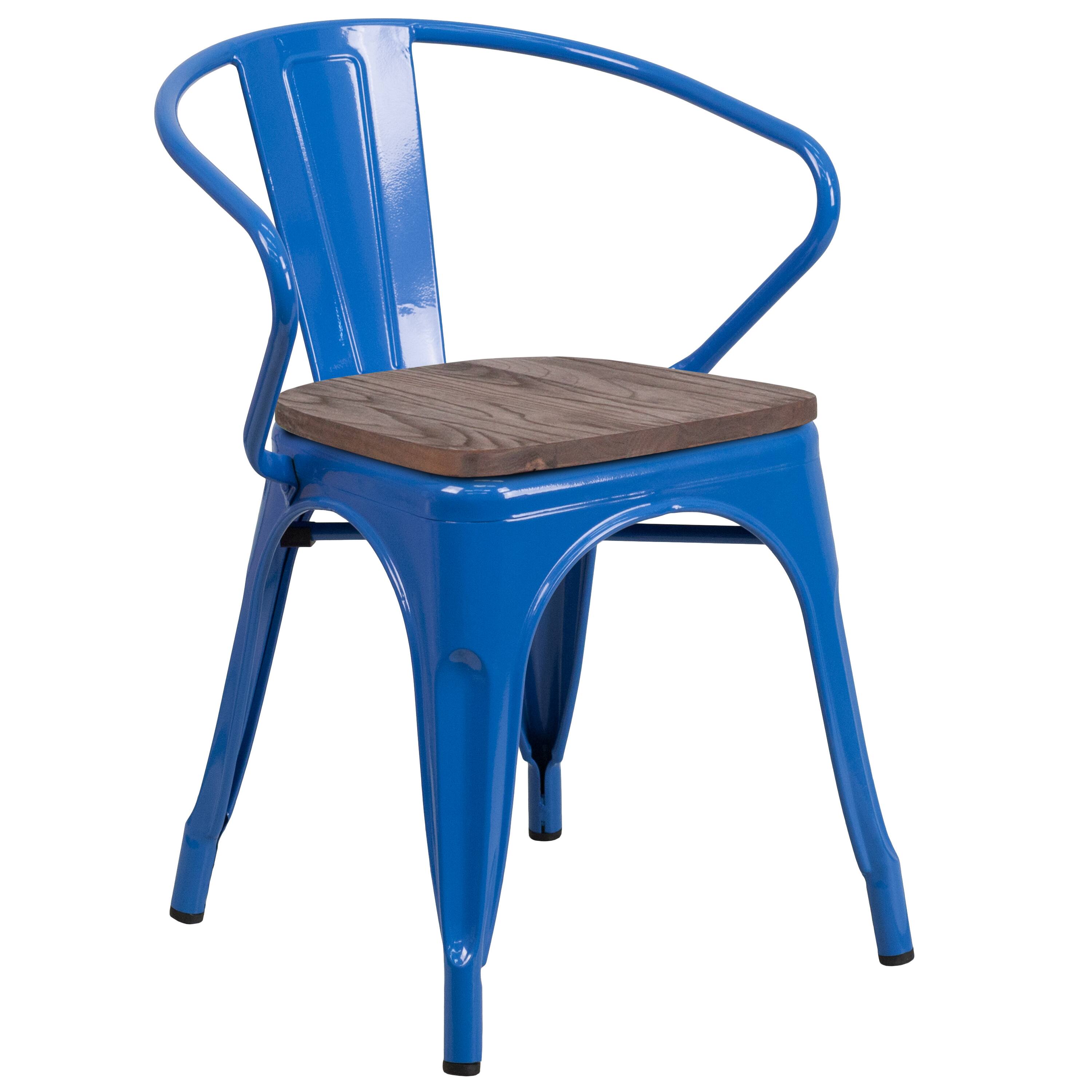 Alt View 1. Emma + Oliver - Metal Chair with Wood Seat and Arms - Blue.