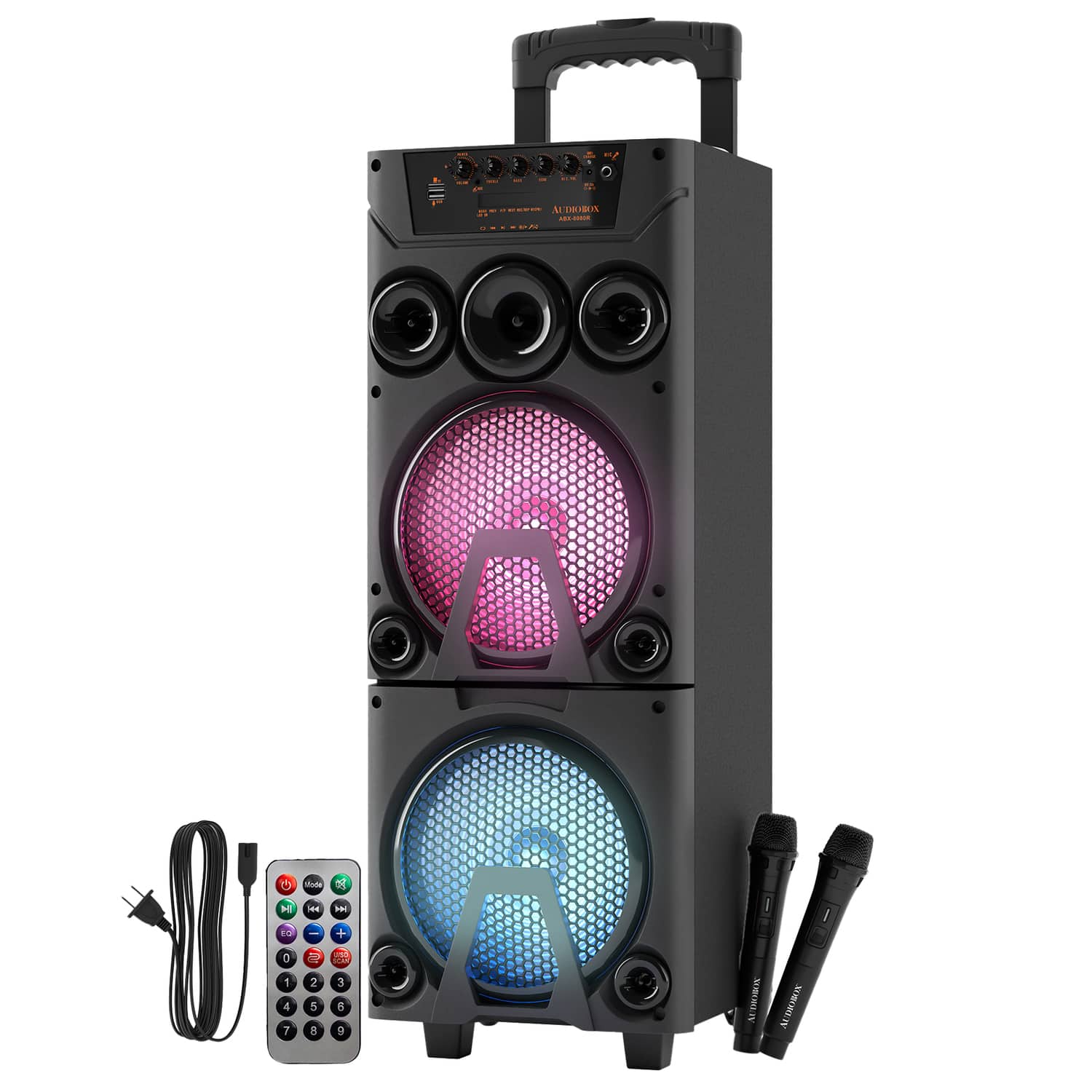 AudioBox - 16W Bluetooth Rechargeable Groovestar Party Speaker, Dual 8" Woofers, Lights, Wireless Mics, WaveSync, Remote - Black