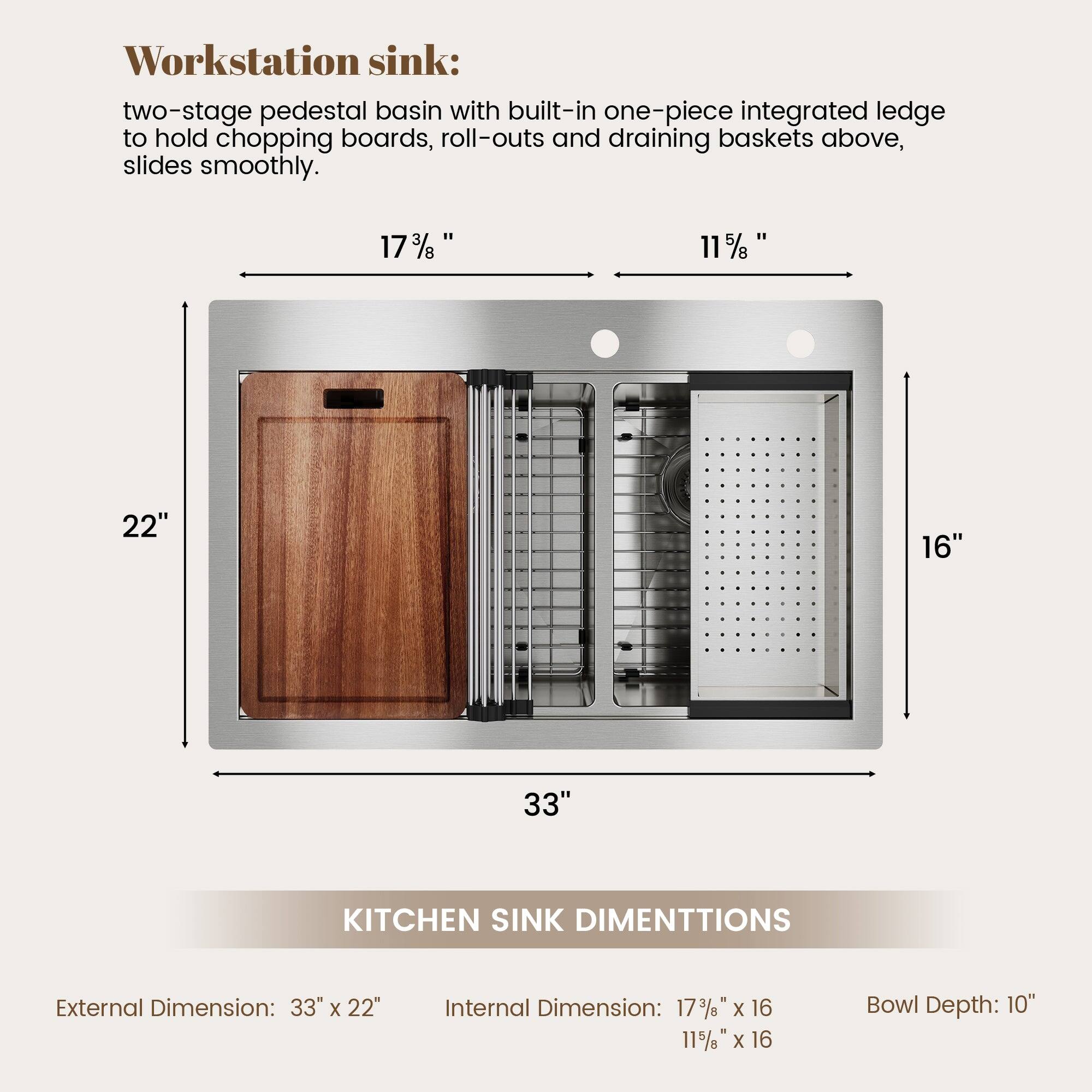 Workstation sink: two-stage pedestal basin with built-in one-piece integrated ledge to hold chopping boards, roll-outs and draining baskets above, slides smoothly. 17 3/8" 11 5/8" 22" 16" 33" KITCHEN SINK DIMENTTIONS External Dimension: 33" X 22" Internal Dimension: 17 3/8" X 16 11 5/8" X 16 Bowl Depth: 10"