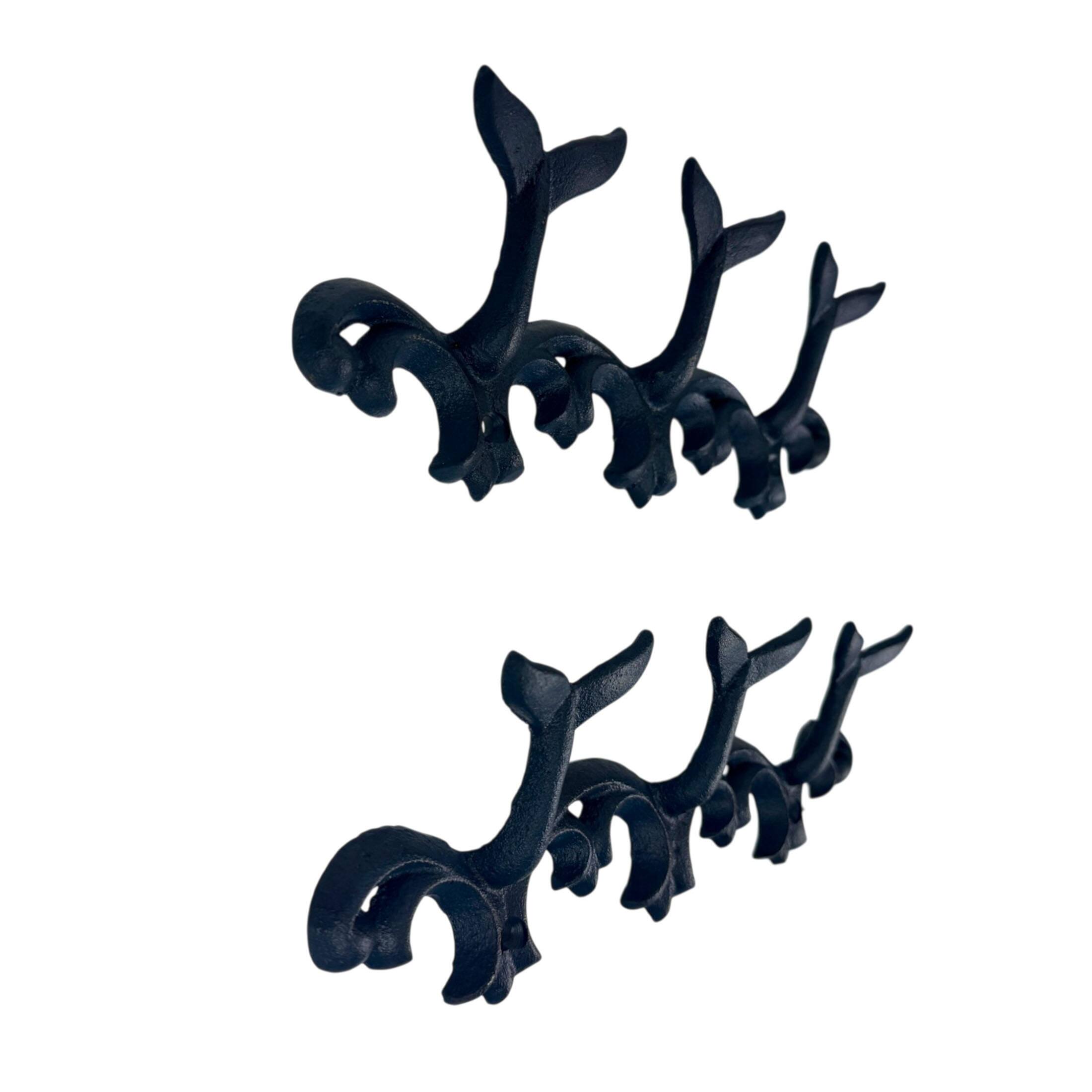 Alt View 1. Things2Die4 - Set of 2 Whale Tail Wall Hooks Cast Iron Blue Coastal Triple Hook 10.5 In - Blue.