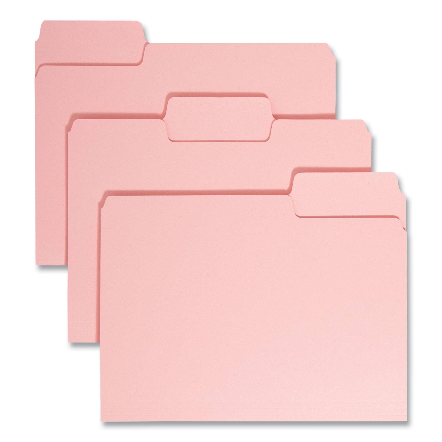 Front. Smead Manufacturing - Colored File Folders, 1/3-Cut Tabs: Assorted, Letter Size, 0.75" Expansion, Pink, 100/Box.