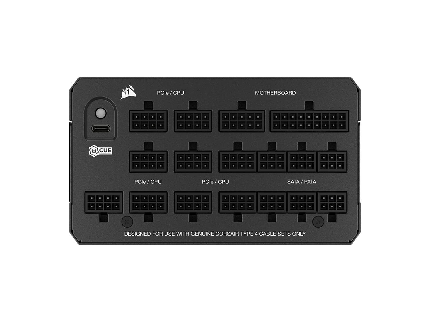 The image features a black PCle / CPU motherboard with a variety of ports and connectors. It is designed for use with genuine Corsair Type 4 cable sets only. The motherboard has a total of 12 ports, including PCIe, SATA, and PATA. Additionally, there is a power button on the front of the board. The motherboard is compatible with both CPU and PCIe, making it a versatile option for users.