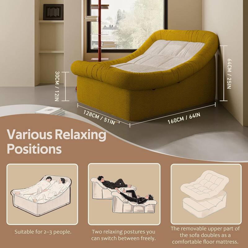 Various Relaxing Positions

- 30CM / 12IN
- 128CM / 51IN
- 160CM / 64IN
- 64CM / 25IN

Suitable for 2-3 people.

Two relaxing postures you can switch between freely.

The removable upper part of the sofa doubles as a comfortable floor mattress.