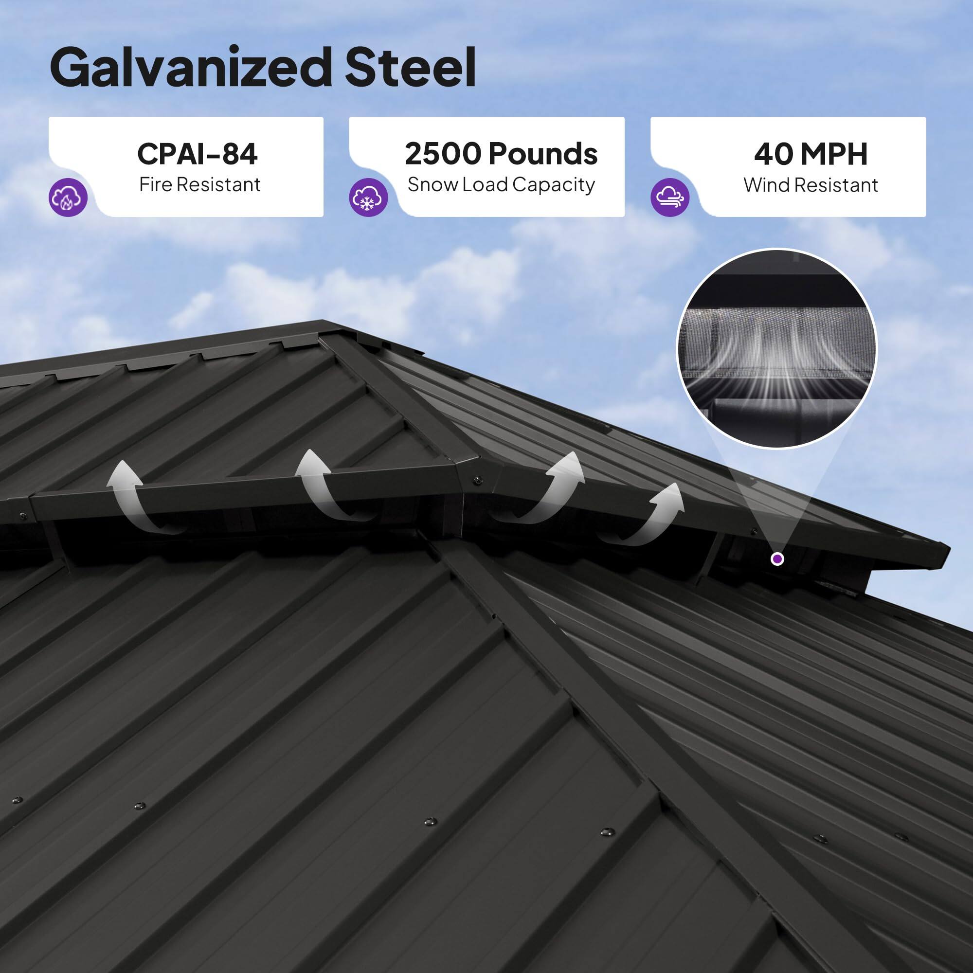 Galvanized Steel  
CPAI-84  
Fire Resistant  
2500 Pounds  
Snow Load Capacity  
40 MPH  
Wind Resistant