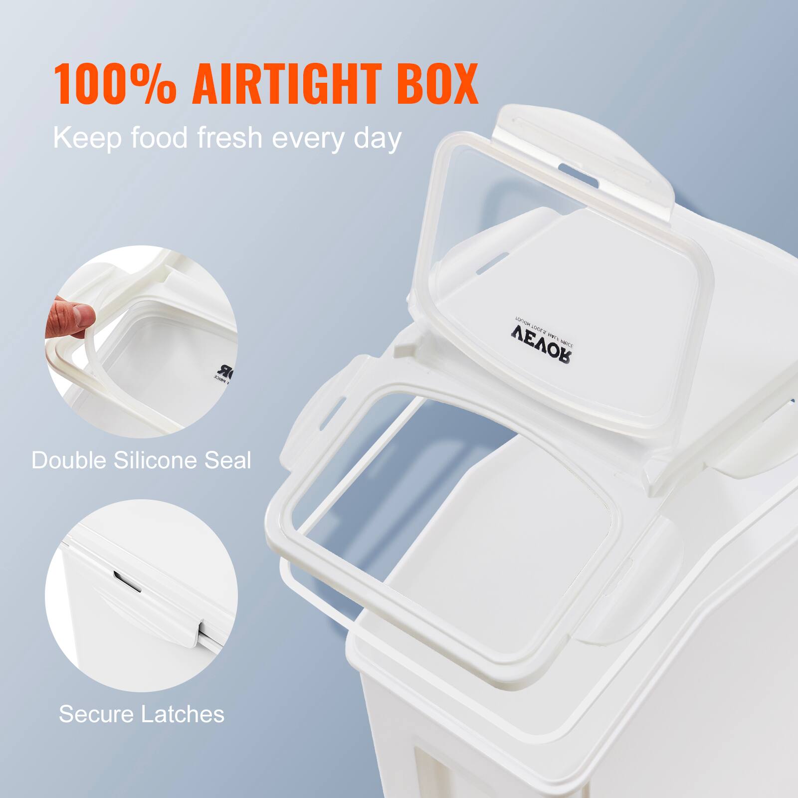 100% AIRTIGHT BOX, Keep food fresh every day, Double Silicone Seal, Secure Latches