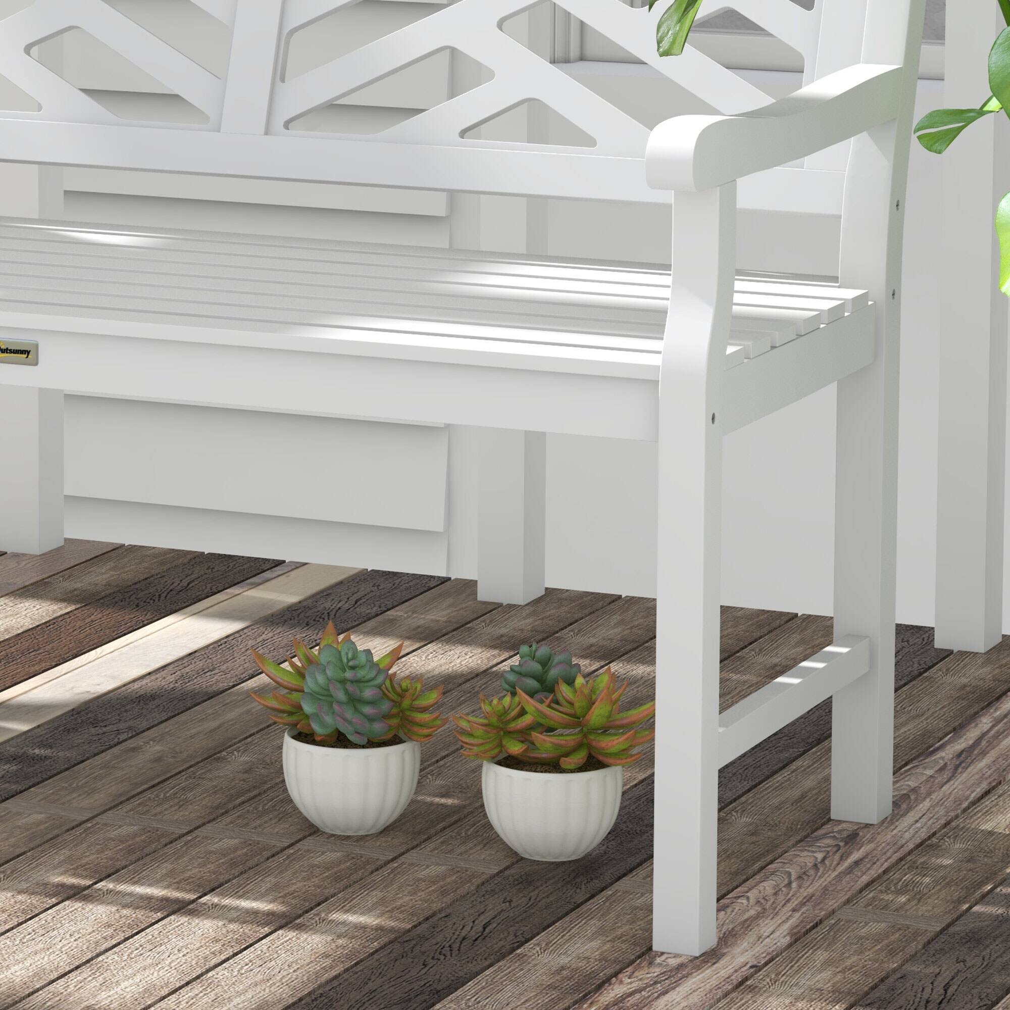 Alt View 8. Outsunny - Outdoor Garden Bench, Wooden Frame Patio Bench with Geometric Pattern, 43.25 Inch Weatherproof 2-Person Love Seat - White.