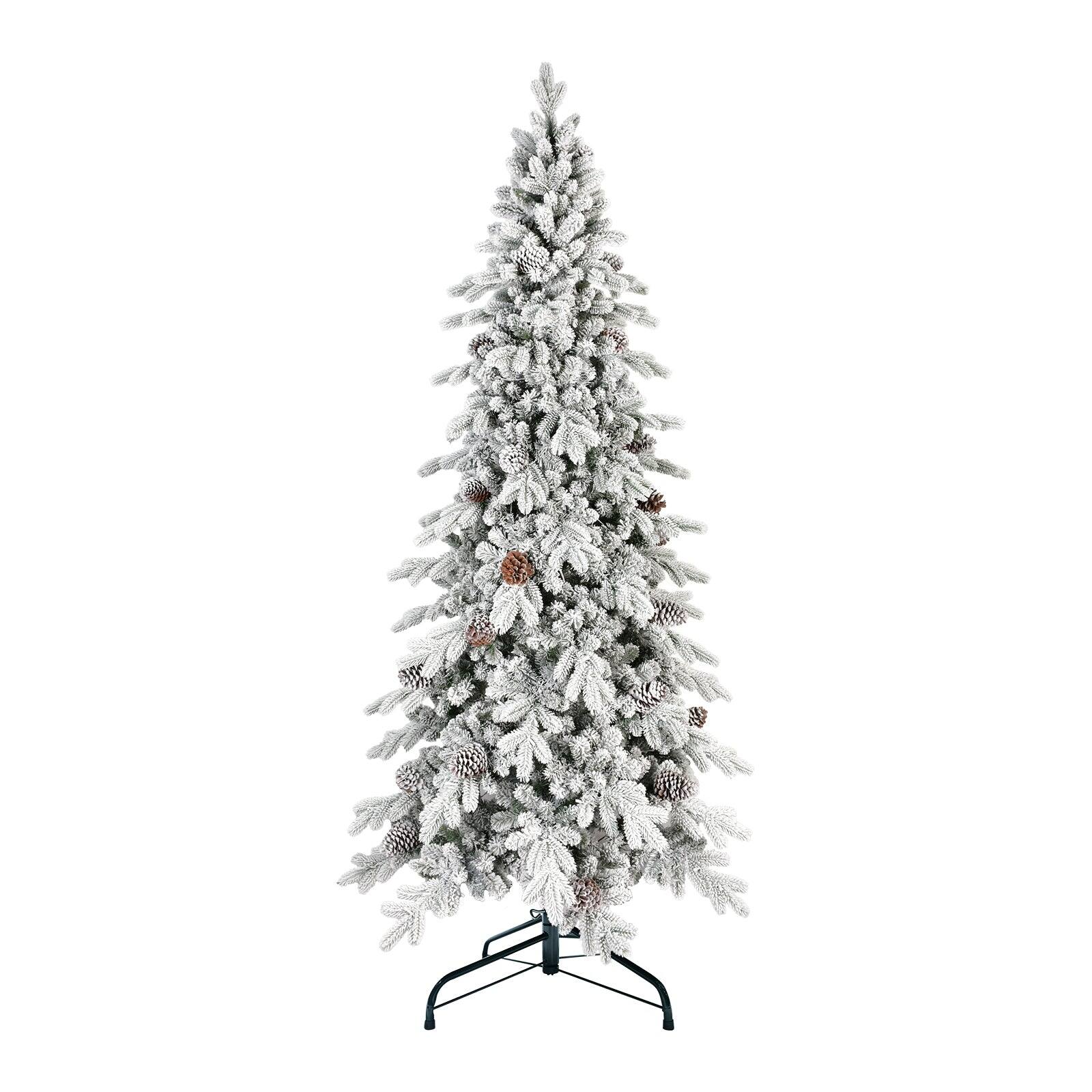 BreeBe - 8 FT Flocked PE/PVC Christmas Tree with 44 Natural Pine Cones 1634Tips - White,Green