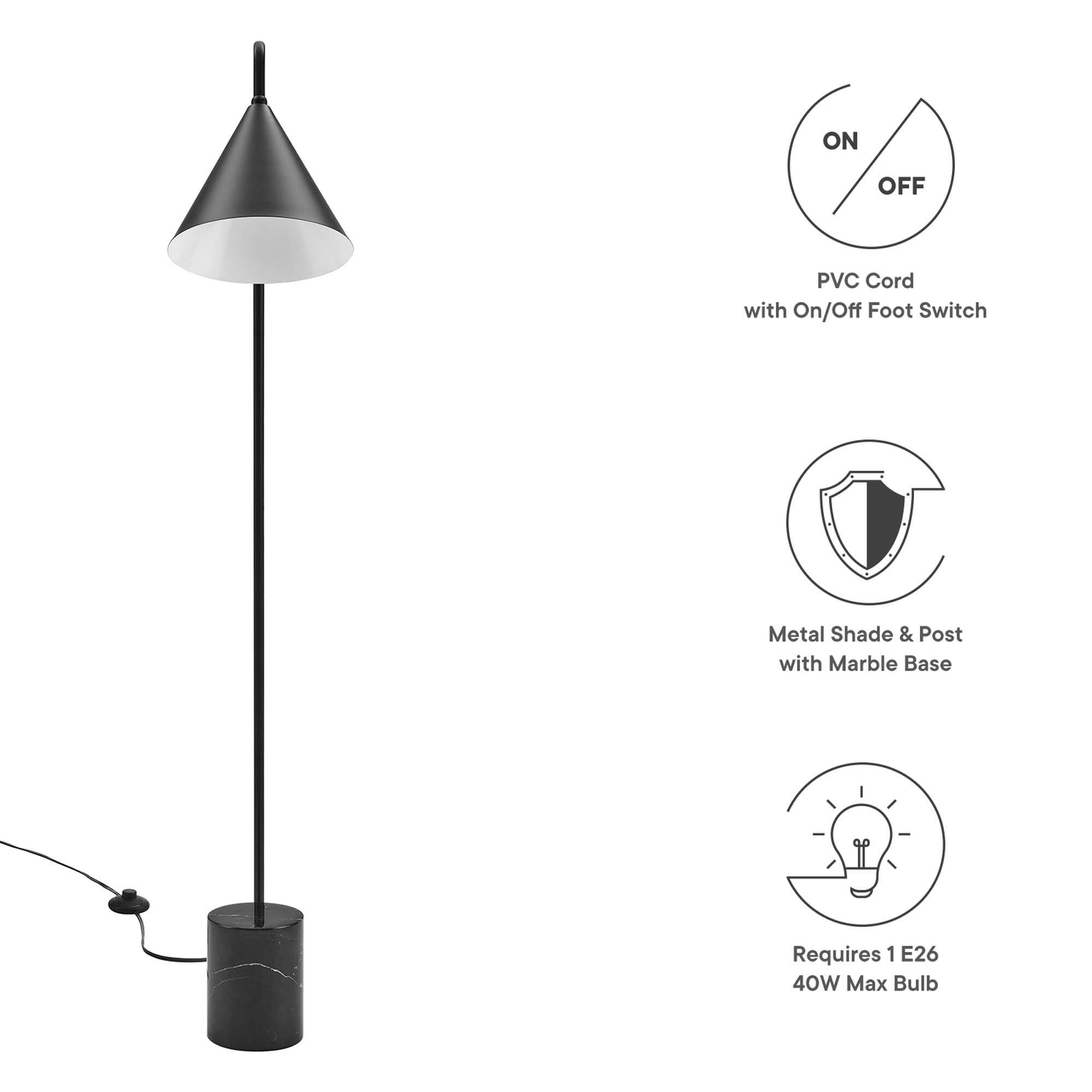 - PVC Cord with On/Off Foot Switch
- Metal Shade & Post with Marble Base
- Requires 1 E26 40W Max Bulb