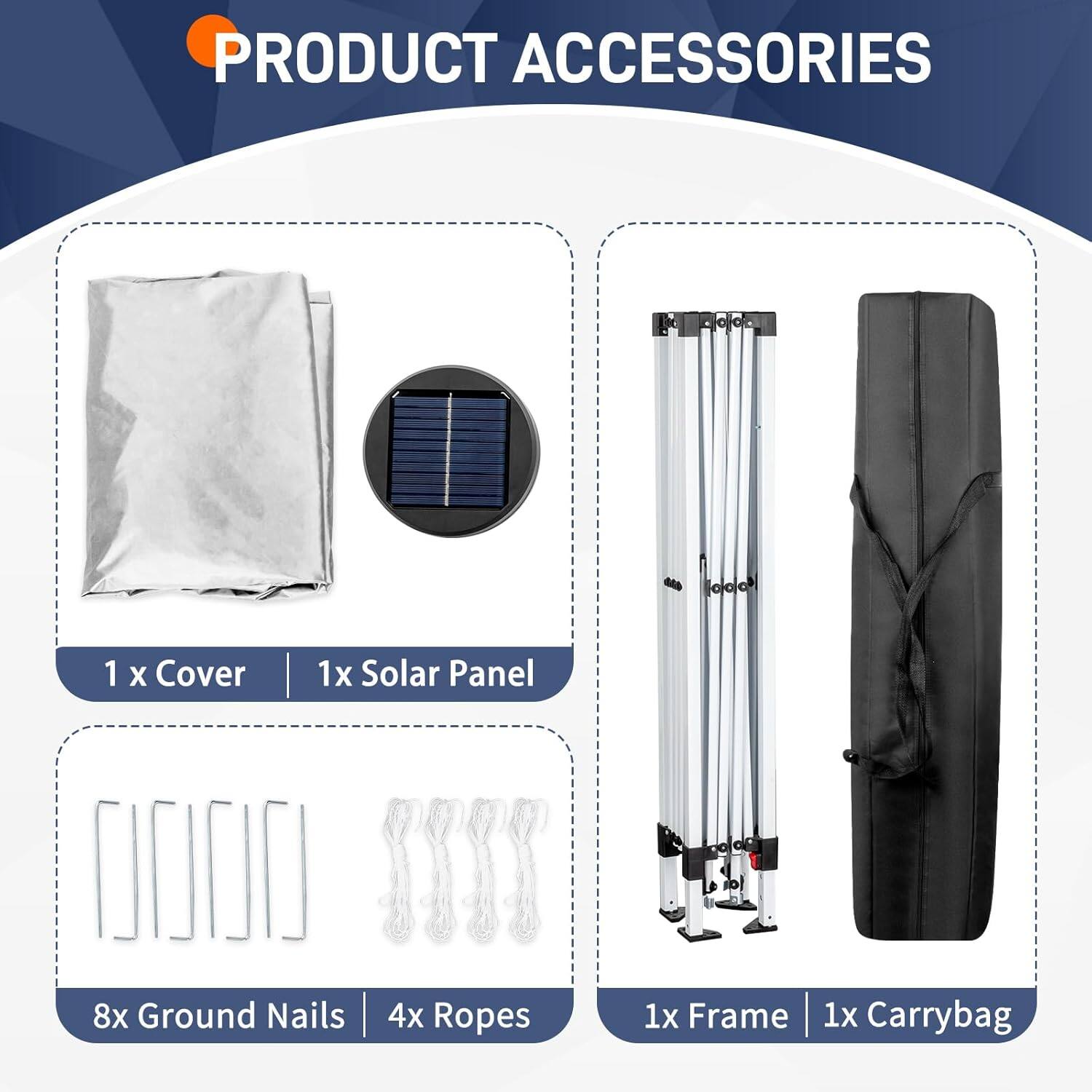 PRODUCT ACCESSORIES

1 x Cover  
1x Solar Panel  
8x Ground Nails  
4x Ropes  
1x Frame  
1x Carrybag