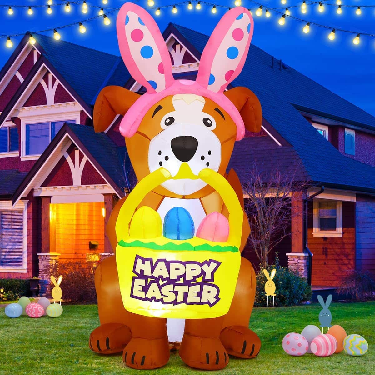 GOOSH Inflatables - GOOSH 5.2 FT Easter Inflatables Cute Dog with Easter Eggs with LED Lights - Brown