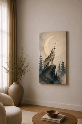 FC Design - Large Moonlit Wolf Forest Canvas Print 24x36"-Ready-to-Hang Mystical Wilderness Art Painting Home Wall Décor - MultiColor