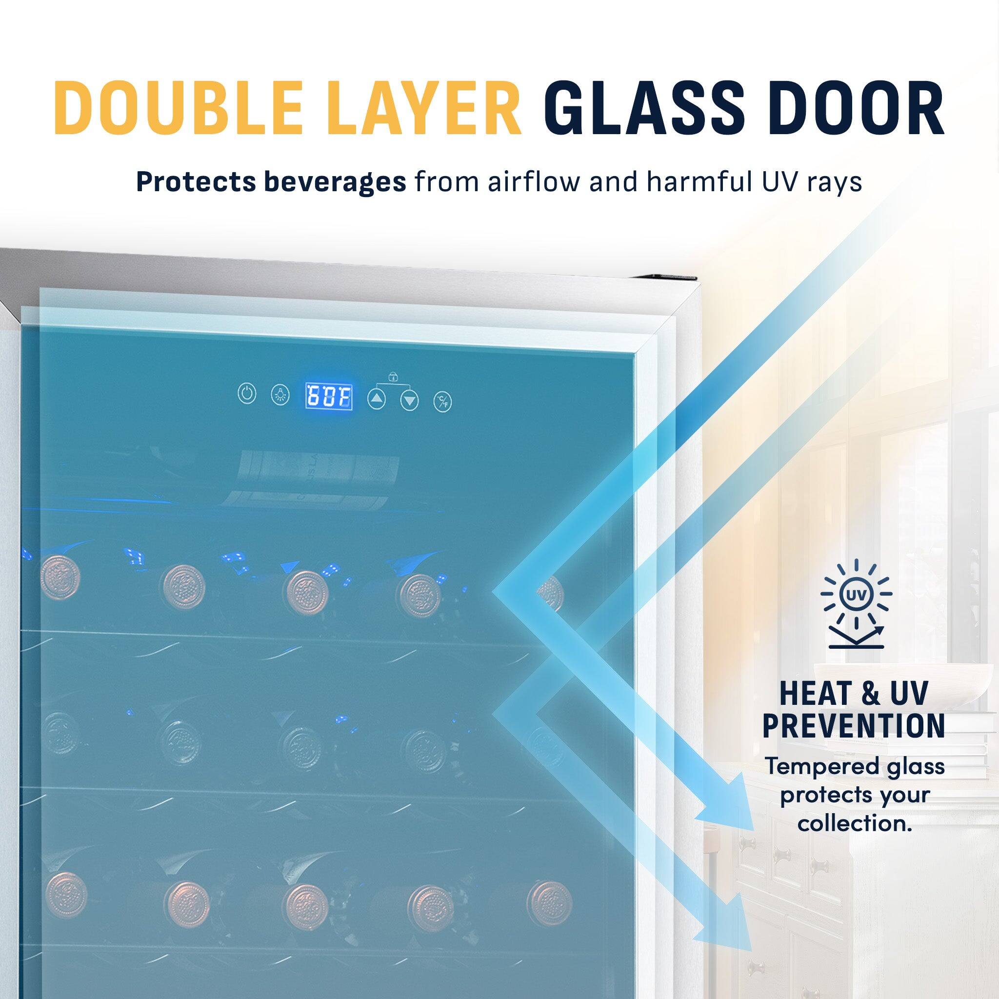 DOUBLE LAYER GLASS DOOR  
Protects beverages from airflow and harmful UV rays  

68°F  

HEAT & UV PREVENTION  
Tempered glass protects your collection.