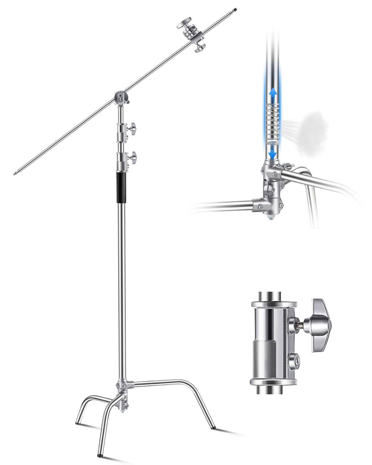 Front. VEVOR - C Stand with Boom Arm, Max Height 10.83 ft/330 cm, Stainless Steel Heavy Duty Photography Light Stand - Silver.