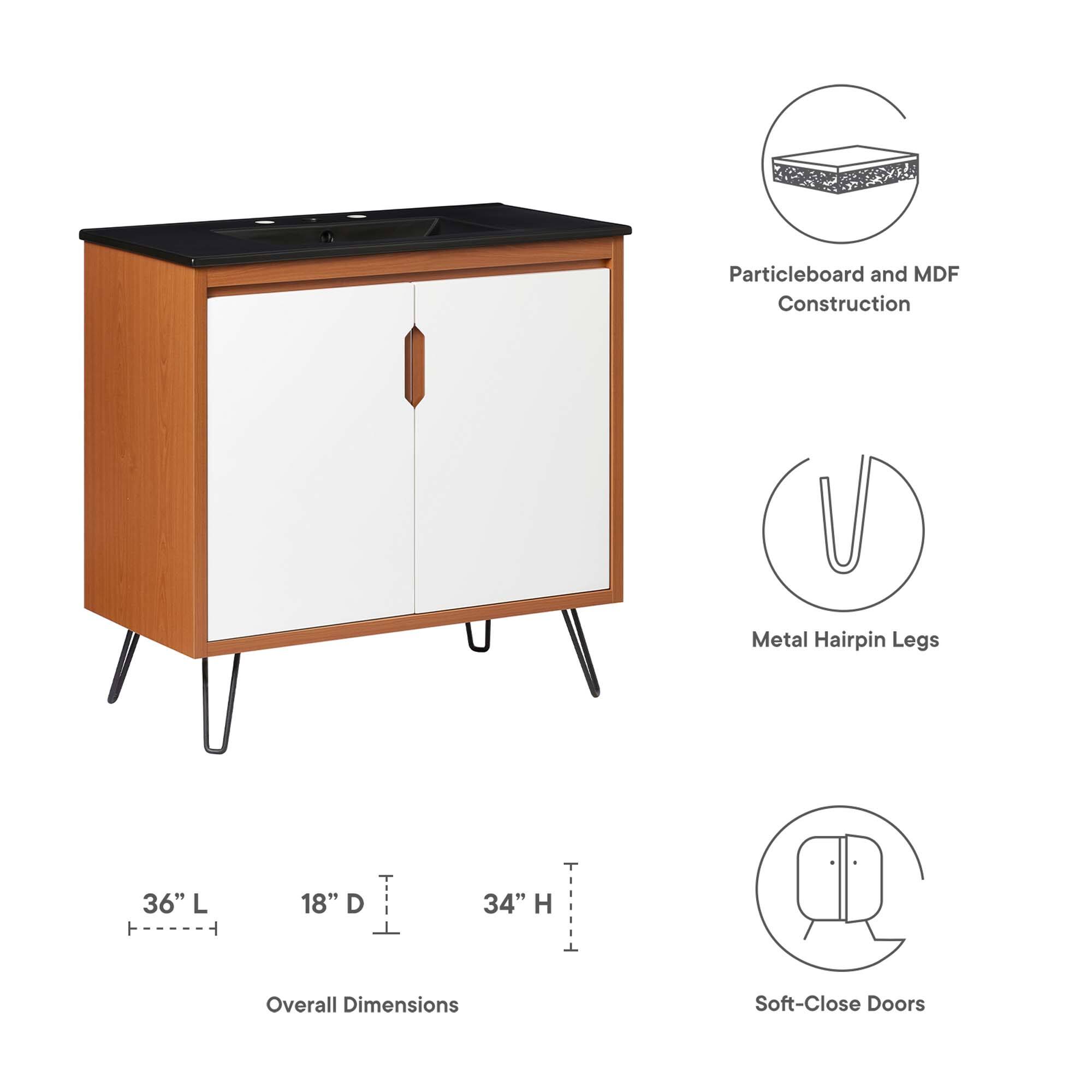 Particleboard and MDF Construction  
Metal Hairpin Legs  
36" L x 18" D x 34" H Overall Dimensions  
Soft-Close Doors