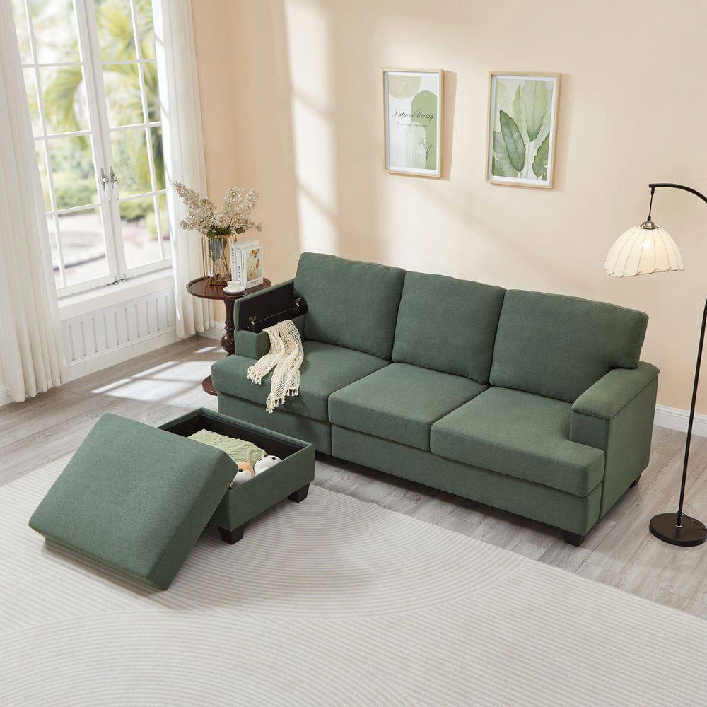 Alt View 4. Resenkos - 86" L-Shaped Sectional with Ottoman, 3-Seater with Thick Cushions and Armrest Organizer, Dark Green - Green.