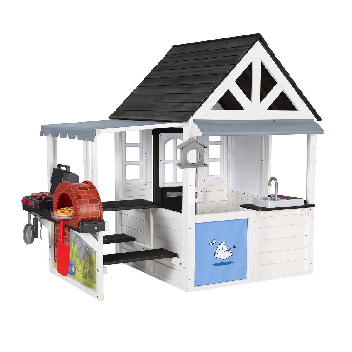 Alt View 7. Wisairt - Wooden Outdoor Playhouse with BBQ Grill, Pizza Oven and Kitchen, Farmhouse Style for Kids Ages 3-8 - Black,White.