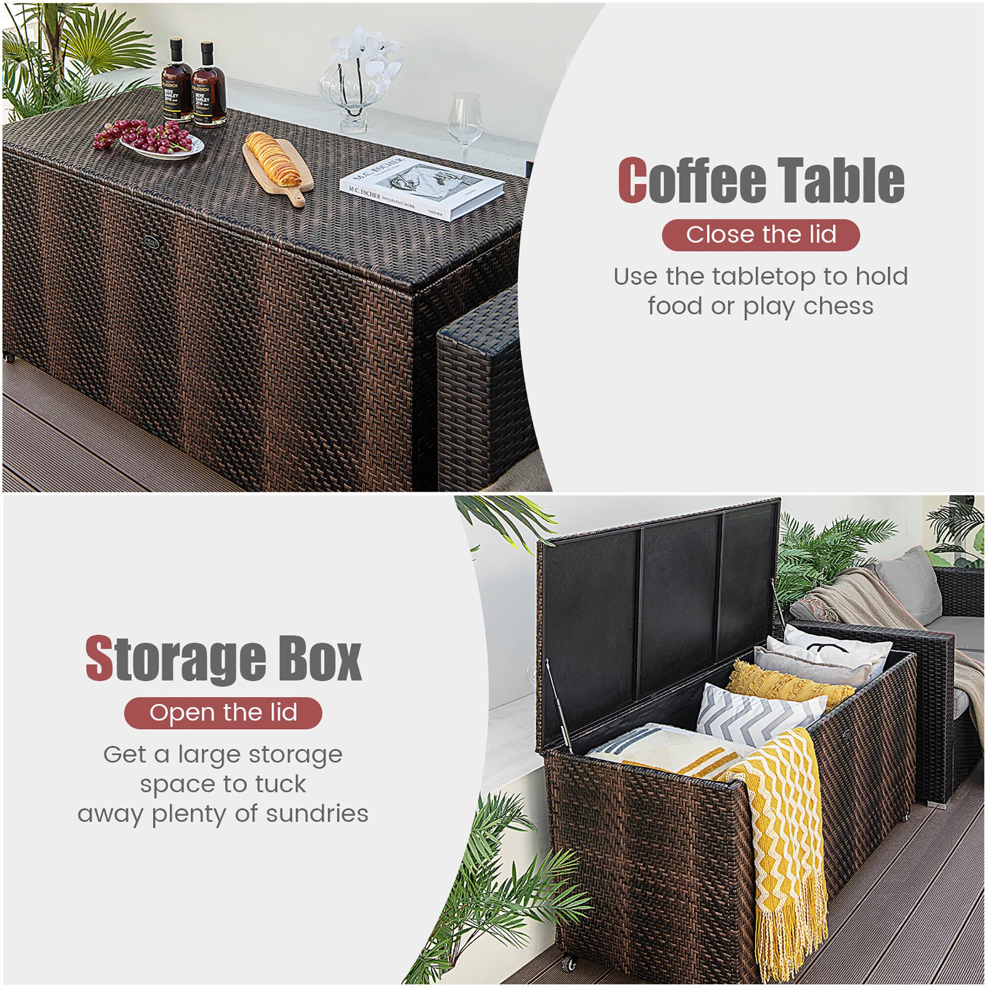Coffee Table  
Close the lid  
Use the tabletop to hold food or play chess  

Storage Box  
Open the lid  
Get a large storage space to tuck away plenty of sundries