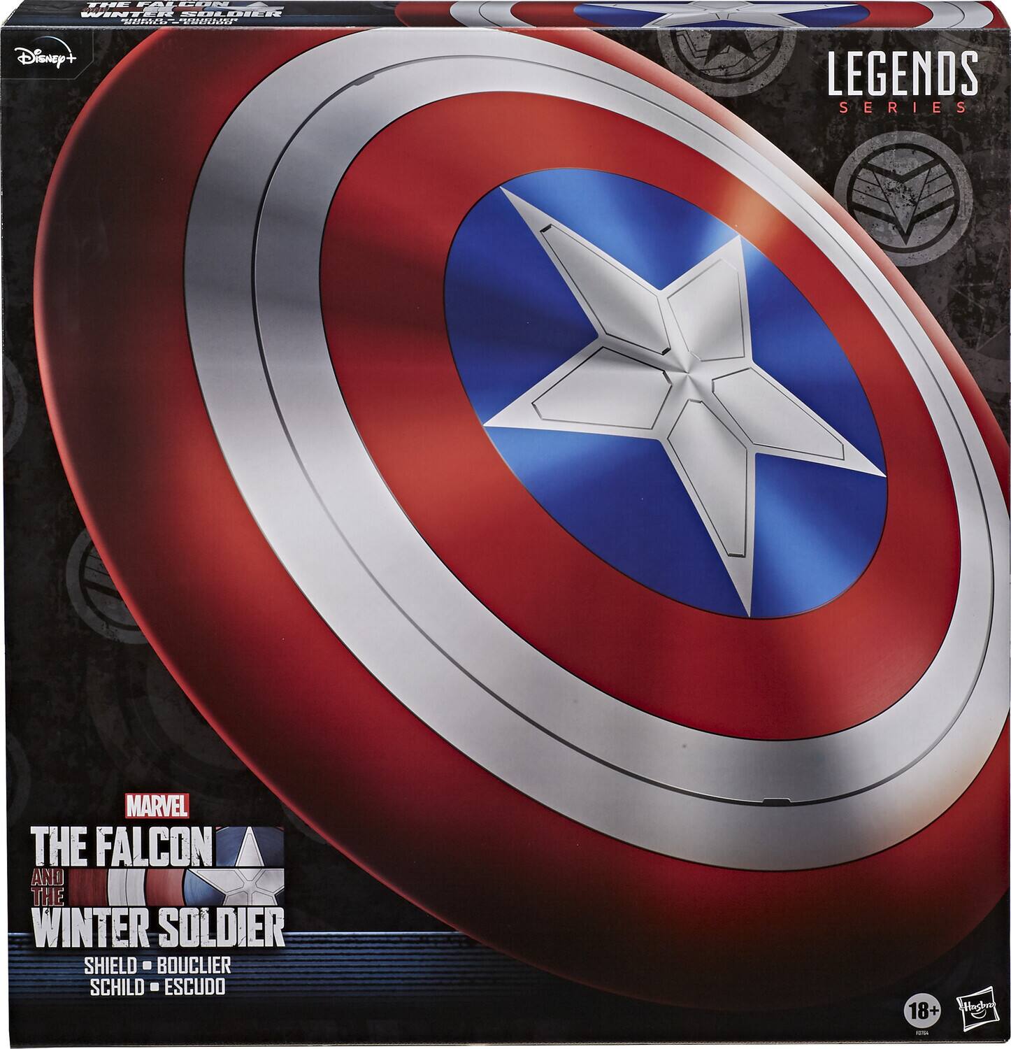 Sure, here is the corrected and grouped text from the image:

---

**Disney+**

**LEGENDS SERIES**

**MARVEL**

**THE FALCON AND THE WINTER SOLDIER**

**SHIELD - BOUCLIER - SCHILD - ESCUDO**

**18+**

**Hasbro**

**Disney**

**The Falcon and the Winter Soldier**

**Shield**

**18+**

---

This text is organized to reflect the information as it appears on the packaging.