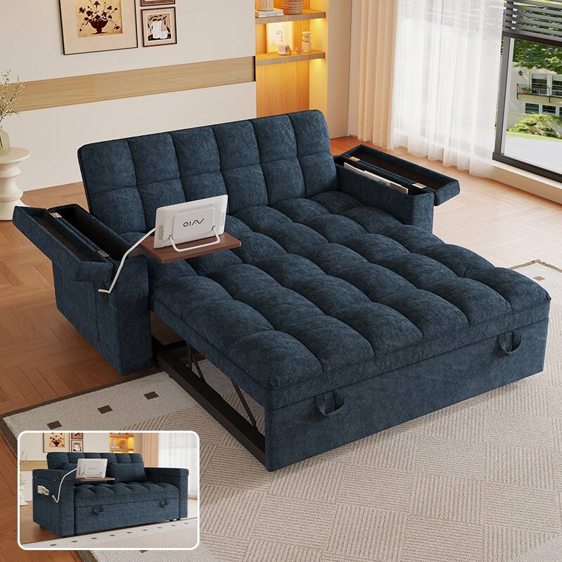 Front. Anysun - 65" 3-in-1 Cashmere Sofa Bed - Modern Double Sofa, Adjustable Backrest, Storage Bag & Pillows for Living Room & Bedroom - Blue.