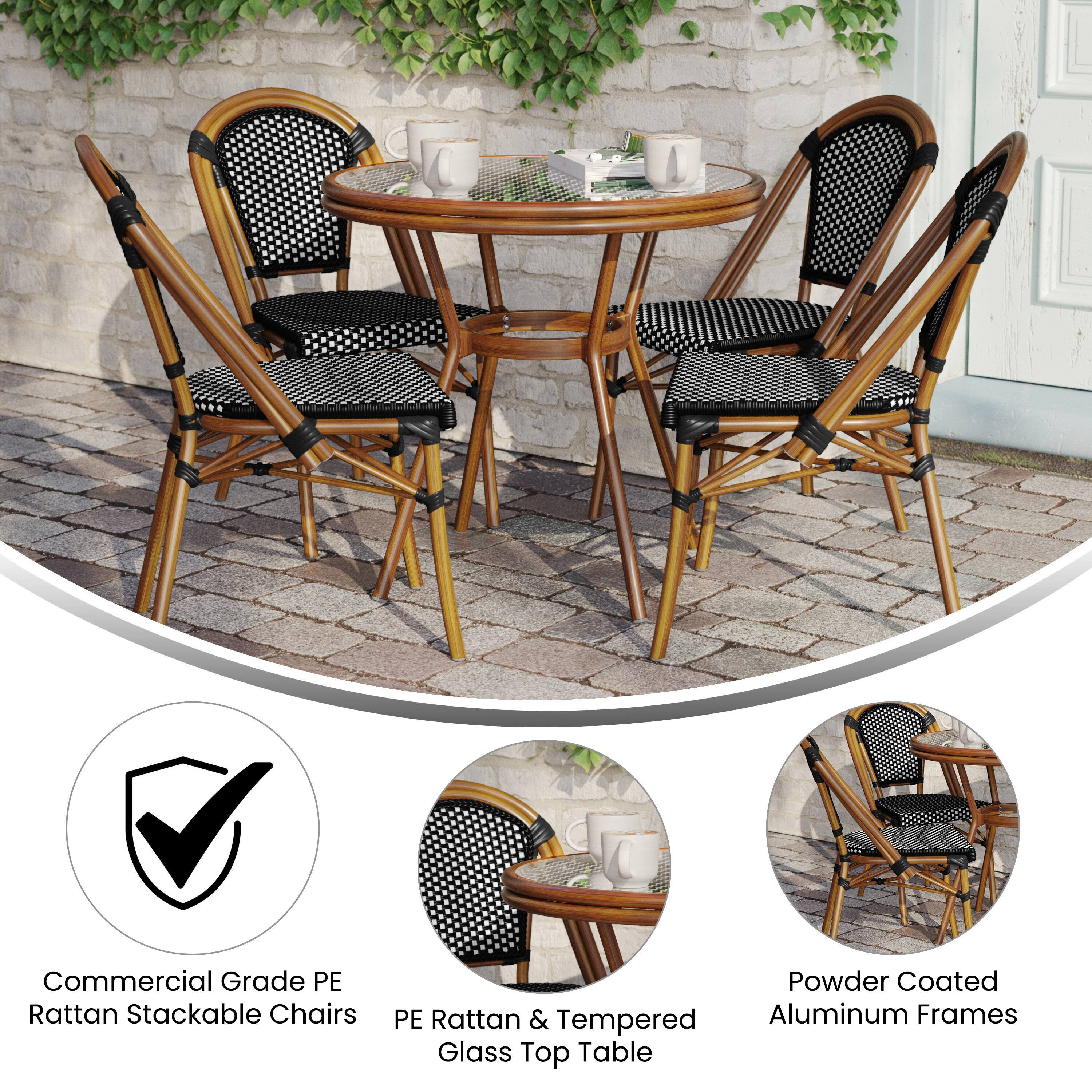 Commercial Grade PE Rattan Stackable Chairs  
Powder Coated PE Rattan & Tempered Aluminum Frames  
Glass Top Table