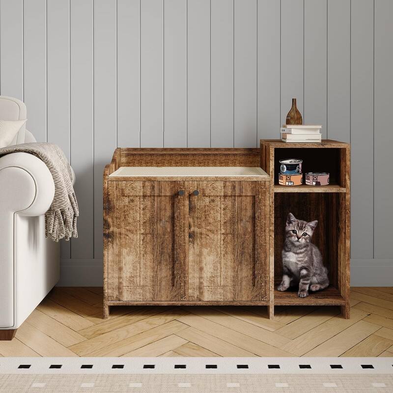 Front. GARVEE - Modern Cat Litter Box Enclosure Furniture - Hidden Cabinet w/Storage, Dog-Proof Design & Double Doors, End Table - Brown.