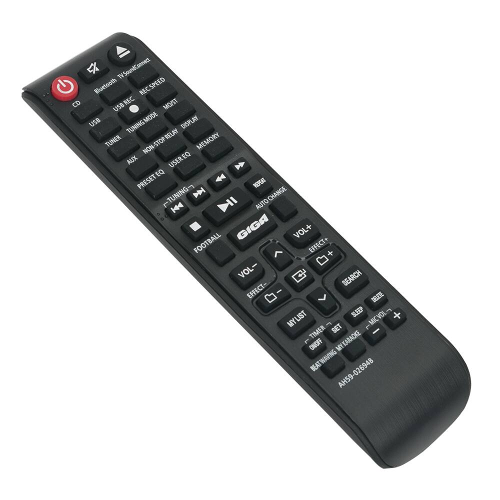 TV Sound Connect  
Bluetooth  
USB REC  
CD REC  
SPEED  
MOST  
USB  
TUNER  
TUNING MODE  
DISPLAY  
NON-STOP RELAY  
AUX  
USER EQ  
PRESET EQ  
TUNING  
AUTO CHANGE  
GIGA  
VOL+  
FOOTBALL  
EFFECT+  
SEARCH  
EFFECT-  
VOL-  
MY LIST  
TIMER  
SLEEP  
MIC VOL-  
ON/OFF  
MY KARAOKE  
MY BEAT WAVING  

AH59-02694B