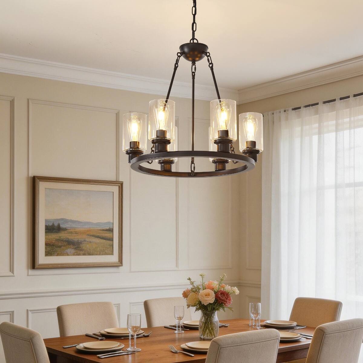 Loheer 6 Light Wagon Wheel Chandelier with Seeded Glass, Black Metal ...