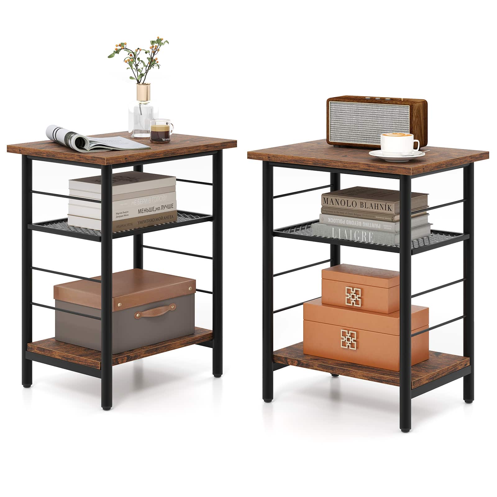 Gymax - 2PCS 3-Tier Side End Table w/ Adjustable Mesh Shelf Narrow Nightstand - Rustic Brown