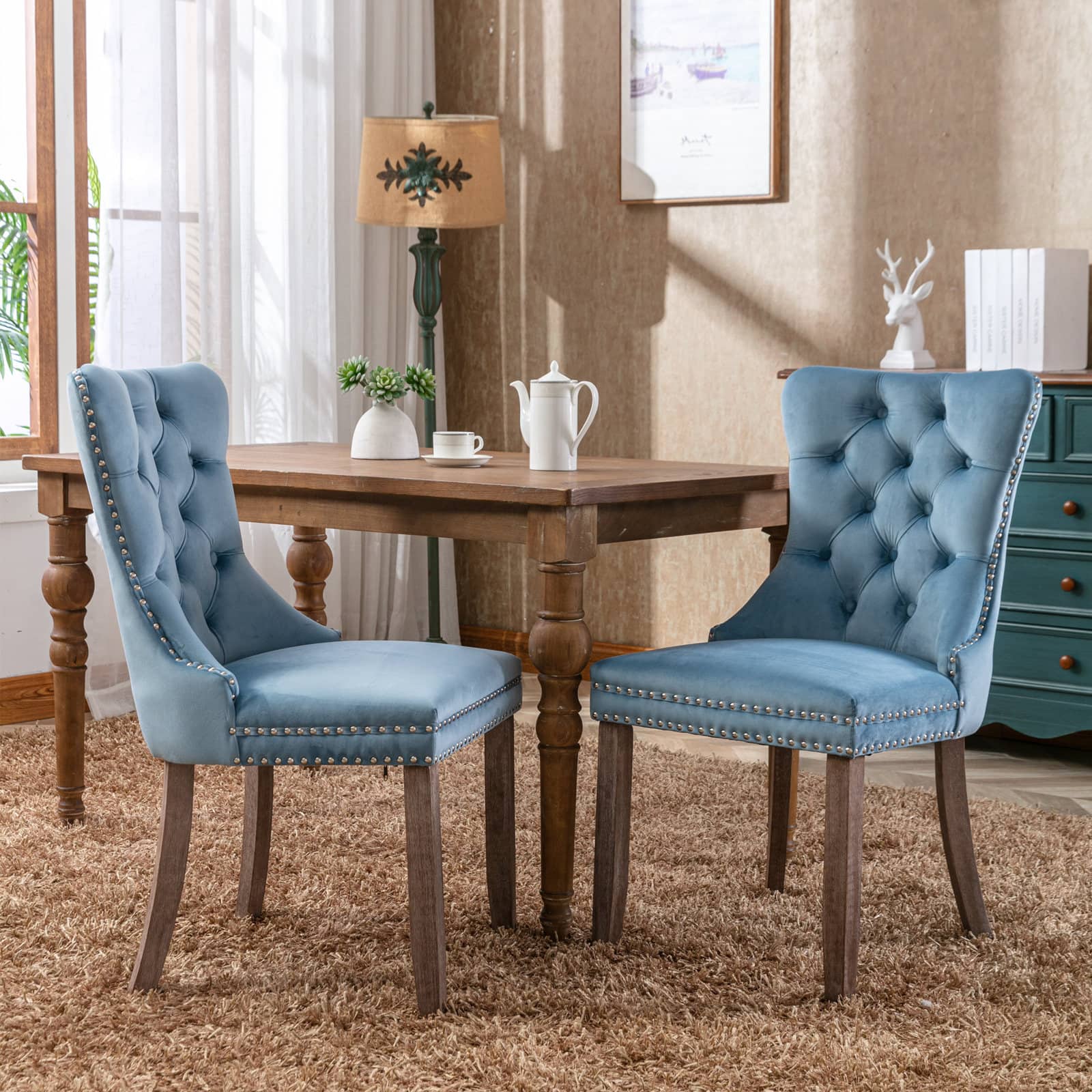 Z-Edge - Velvet Dining Chairs Set of 2, Upholstered High-end Tufted Dining Room Chair with Nailhead Back Ring Pull Trim Wood Legs - Light Blue