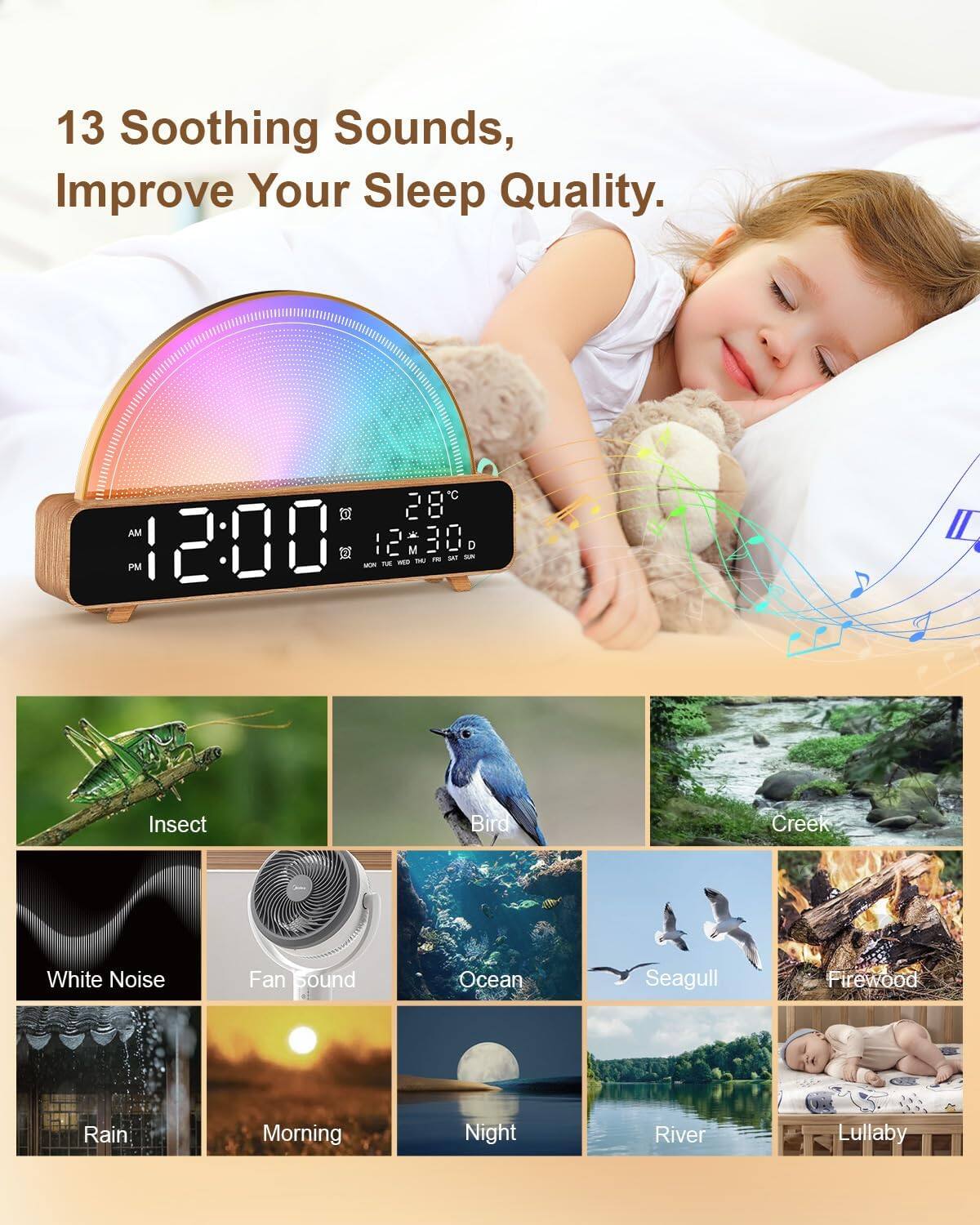 13 Soothing Sounds, Improve Your Sleep Quality.

- Insect
- Bird
- Creek
- White Noise
- Fan Sound
- Ocean
- Seagull
- Firewood
- Rain
- Morning
- Night
- River
- Lullaby