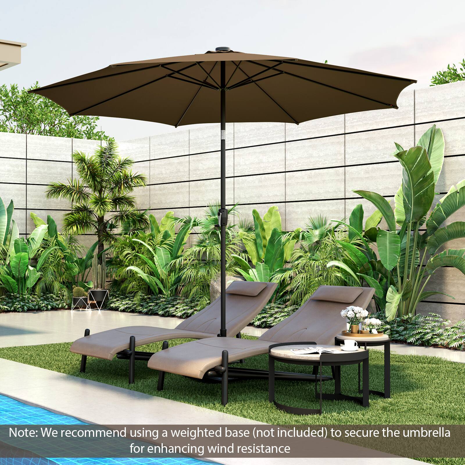 Note: We recommend using a weighted base (not included) to secure the umbrella for enhancing wind resistance.
