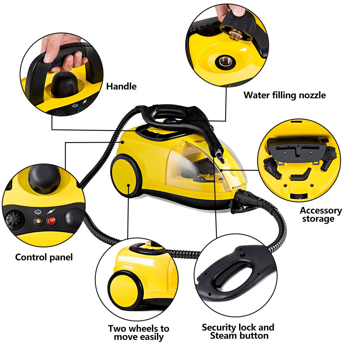 Handle  
Water filling nozzle  
Accessory storage  
Control panel  
Two wheels to move easily  
Security lock and Steam button