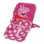 Peppa Pig is the name of the character on the pink and white seat.