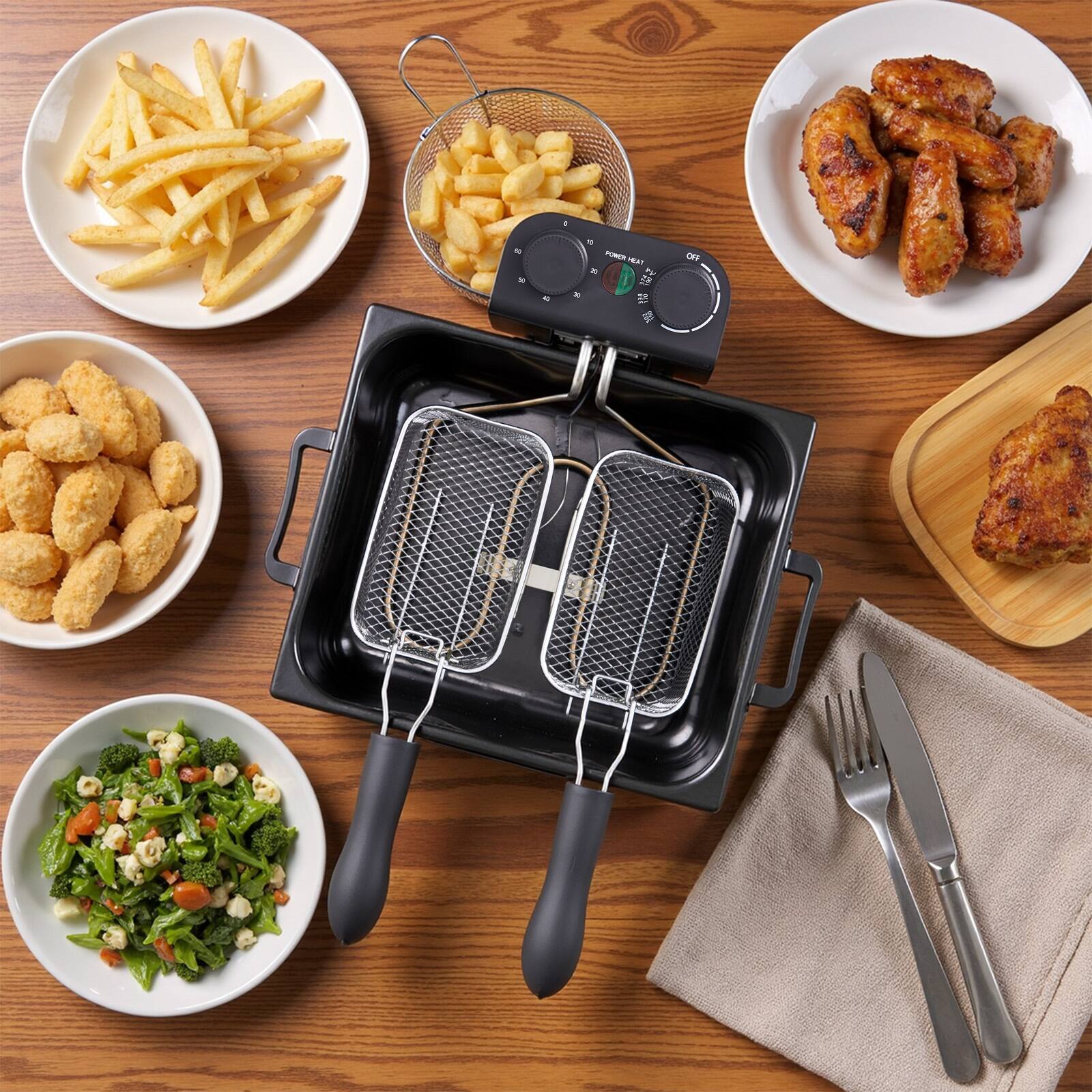 Alt View 3. MOOSOO - 5L Deep Fryer with Basket, 1700W Electric Deep Fryer with Time & Temperature Control, 3 Frying Baskets, Lid, View Window - Silver.