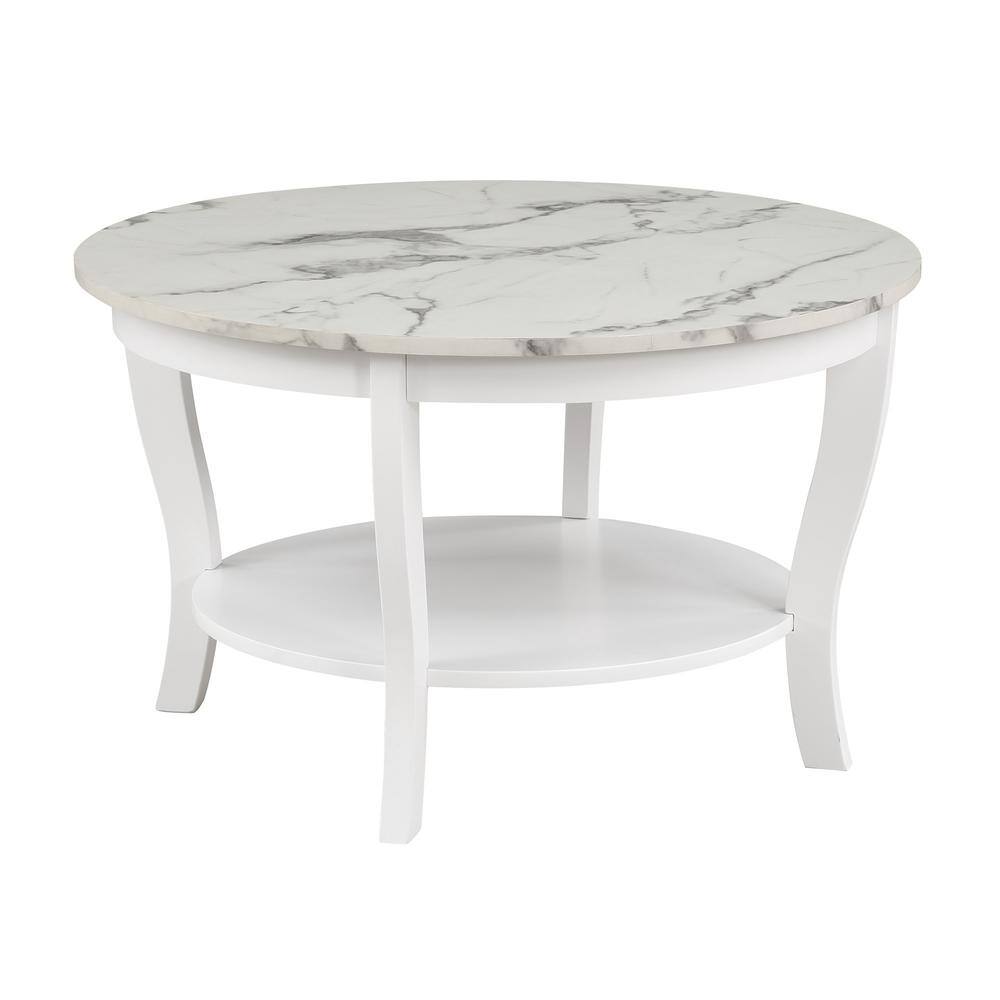 Angle. Convenience Concepts - American Heritage Round Coffee Table with Shelf - White Faux Marble/White.