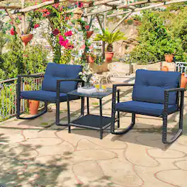 Gymax - 3PCS Rattan Rocking Chair Table Set Patio Furniture Set w/ Cushions - Navy