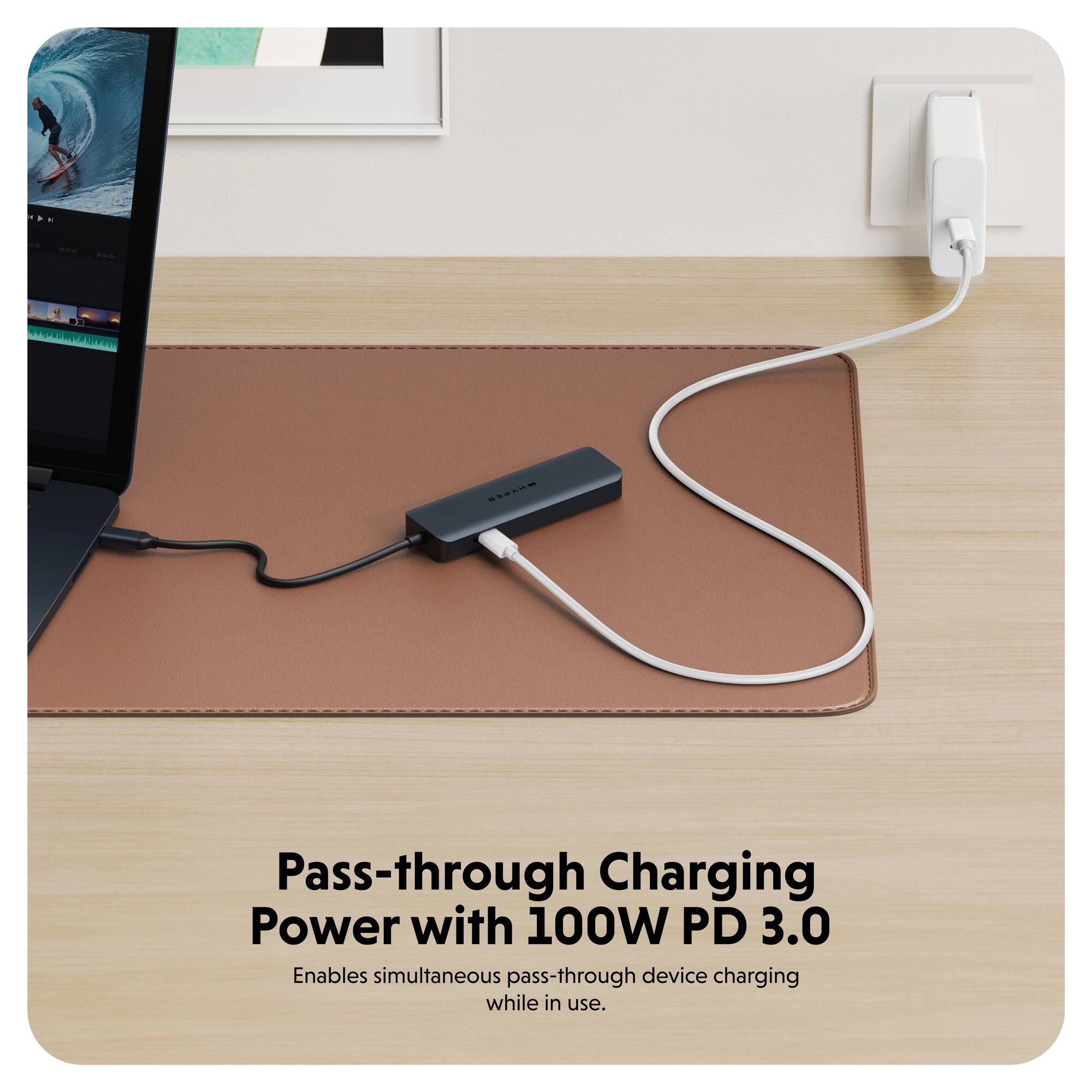 Pass-through Charging Power with 100W PD 3.0 enables simultaneous pass-through device charging while in use.