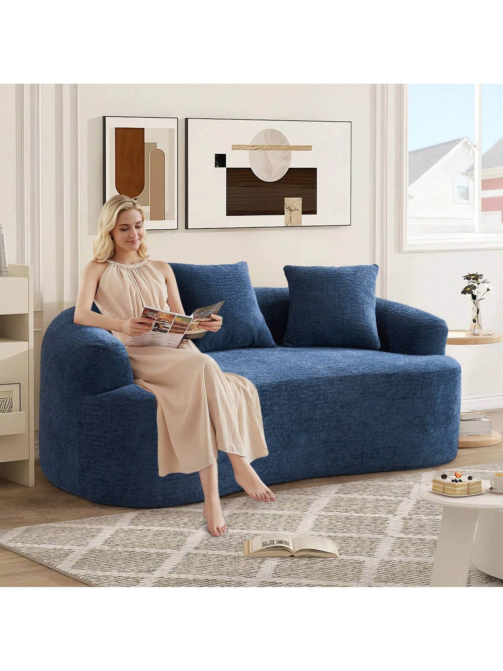 Trinkets Crazed - 65" Curved Small Loveseat Sofa,Cozy Chenille Upholstered Couch With 3 Pillows,Modern Deep Seat Cloud Couch - Navy