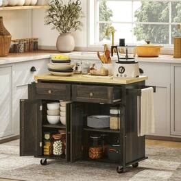Kadyn - Rolling Kitchen Island with Rubberwood Top, Spice Rack & Towel Bar, Oak - Brown