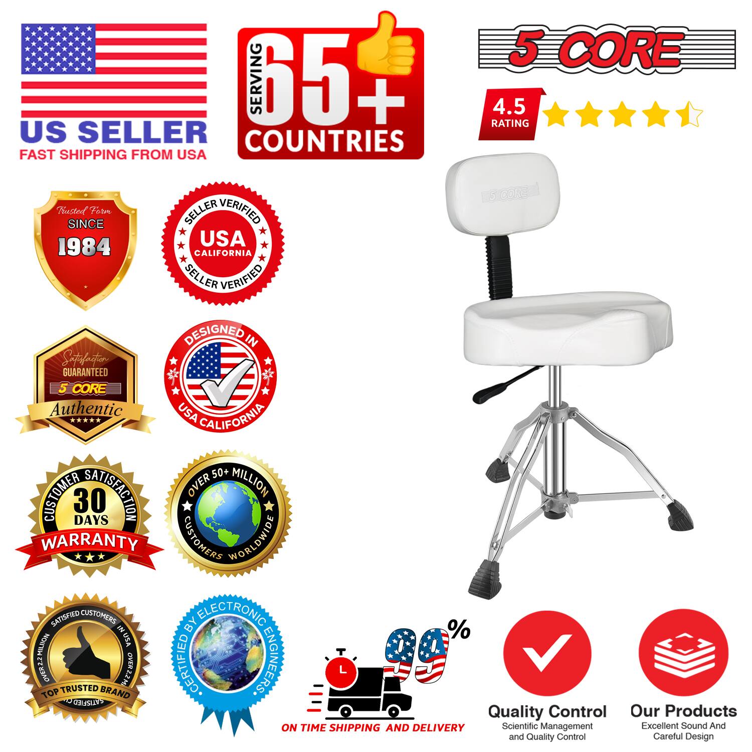 Sure, here is the corrected and grouped text from the image:

---

**US SELLER**  
FAST SHIPPING FROM USA

**SERVING 65+ COUNTRIES**

**5 CORE**  
4.5 RATING

**TRUSTED SINCE 1984**

**SELLER VERIFIED**  
USA CALIFORNIA

**DESIGNED IN USA CALIFORNIA**

**SATISFACTION GUARANTEED**  
5 CORE Authentic

**30 DAYS WARRANTY**

**OVER 50+ MILLION CUSTOMERS WORLDWIDE**

**SATISFIED CUSTOMERS BY ELECTRONIC ENGINEERS**

**TOP TRUSTED BRAND**

**ON TIME SHIPPING AND DELIVERY**

**Quality Control**  
Scientific Management and Quality Control

**Our Products**  
Excellent Sound And Careful Design

---

This text is organized to reflect the information and badges shown in the image.